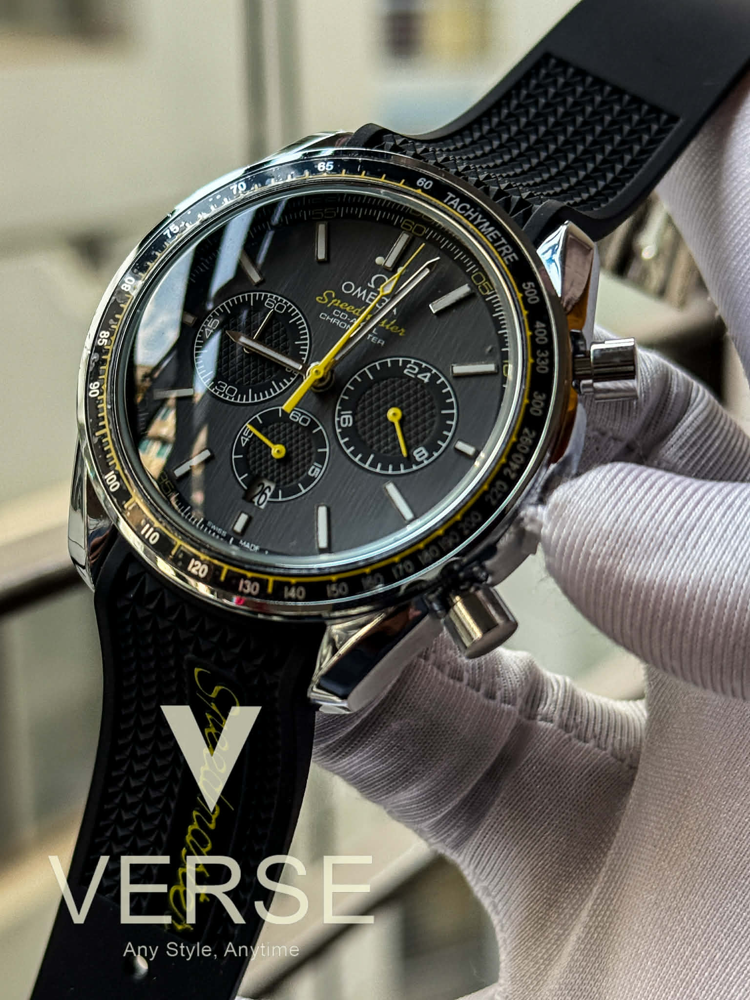 Omega Speedmaster Racing Chronograph Black Belt Grey Dial Yellow Accents AA