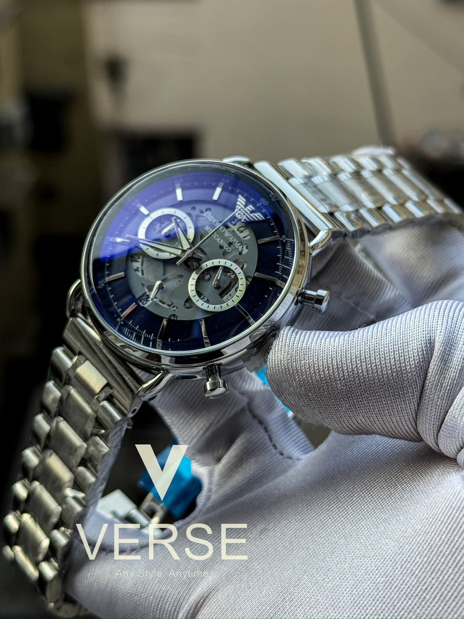 Armani Oval Meccanico Silver Chain Blue Dial AA