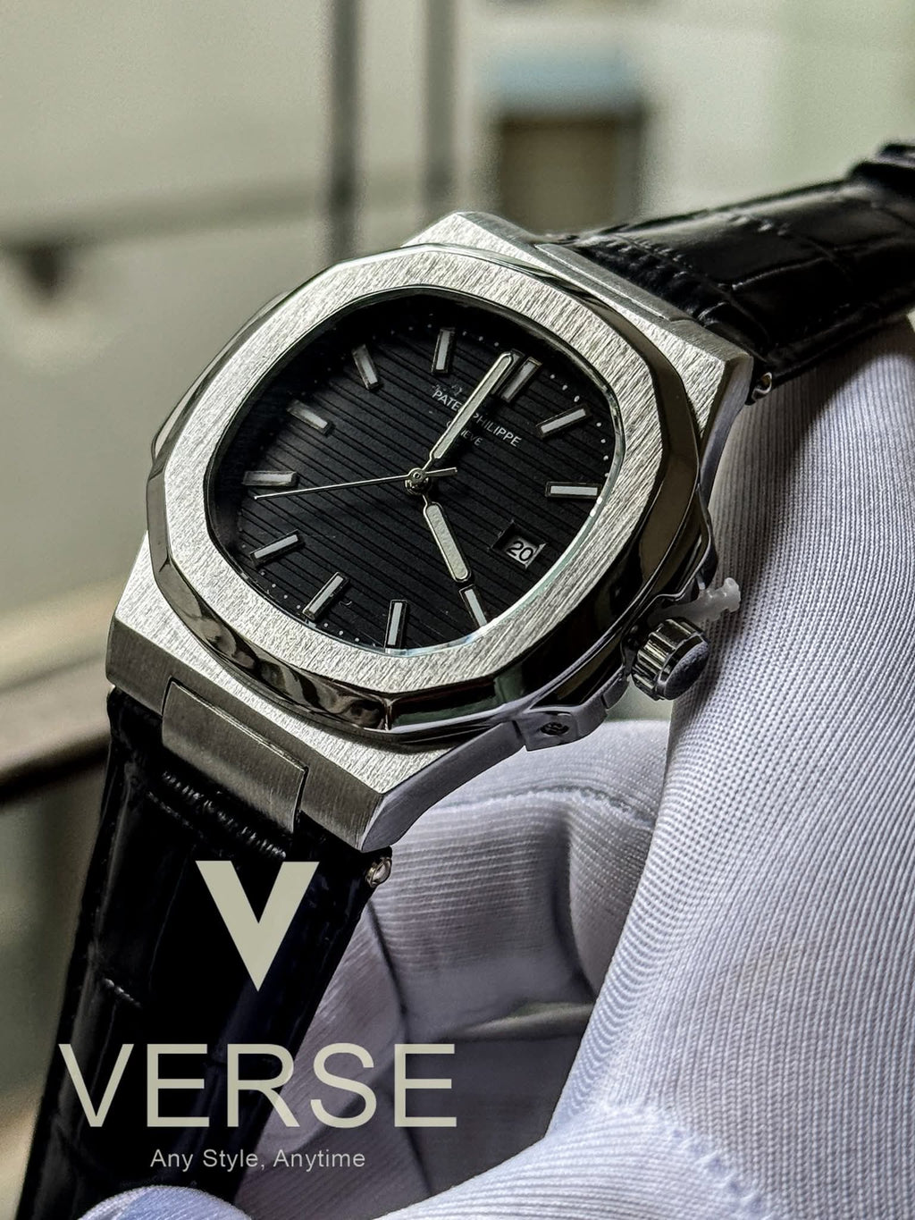 Patek Philippe Nautilus Black Belt Silver Case Black Dial Quartz AA
