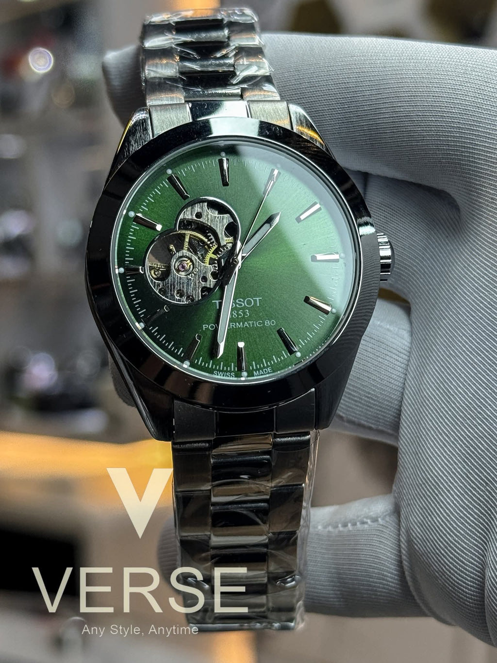 Tissot Gentleman Powermatic 80 Open Heart Automatic Sun-ray Green Dial AA