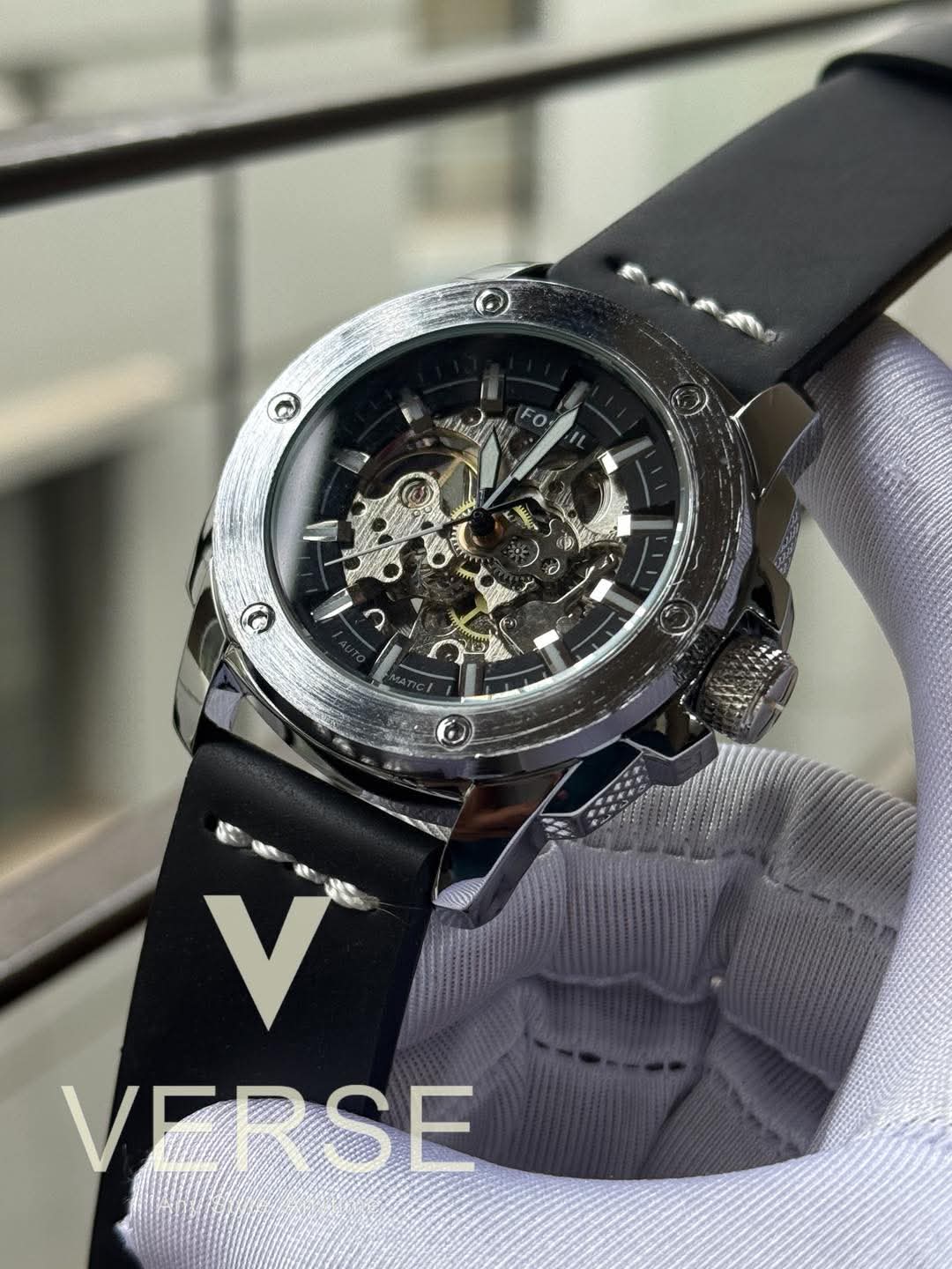 Fossil Automatic Black Belt Silver Case Big Black Dial AA