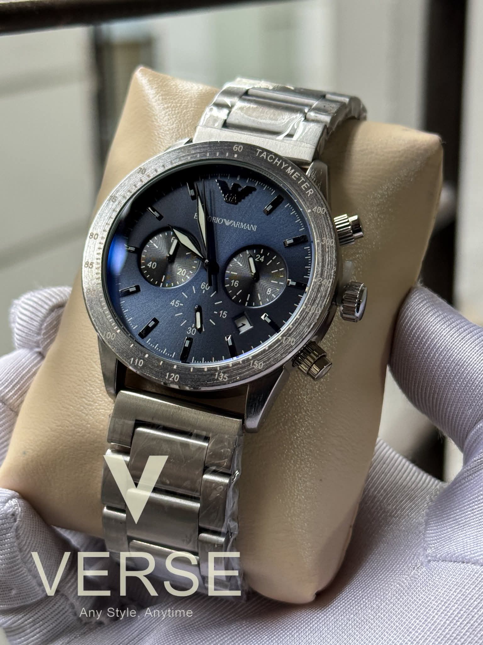 Armani Matte Silver Chain Blue Dial AA