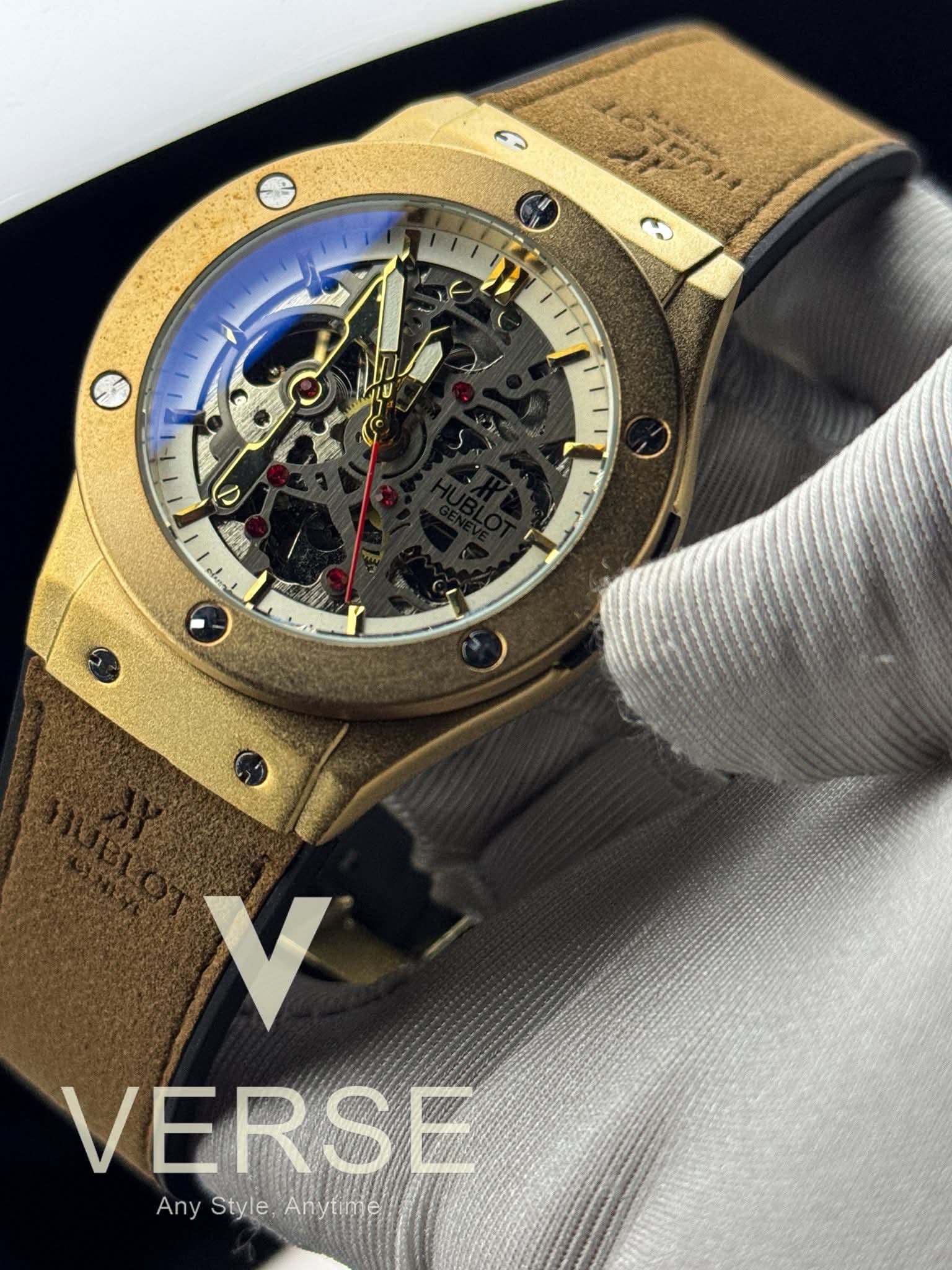 Hublot Automatic Rich Camel-Brown Belt Gold Case Openworked White-Gold Dial AA