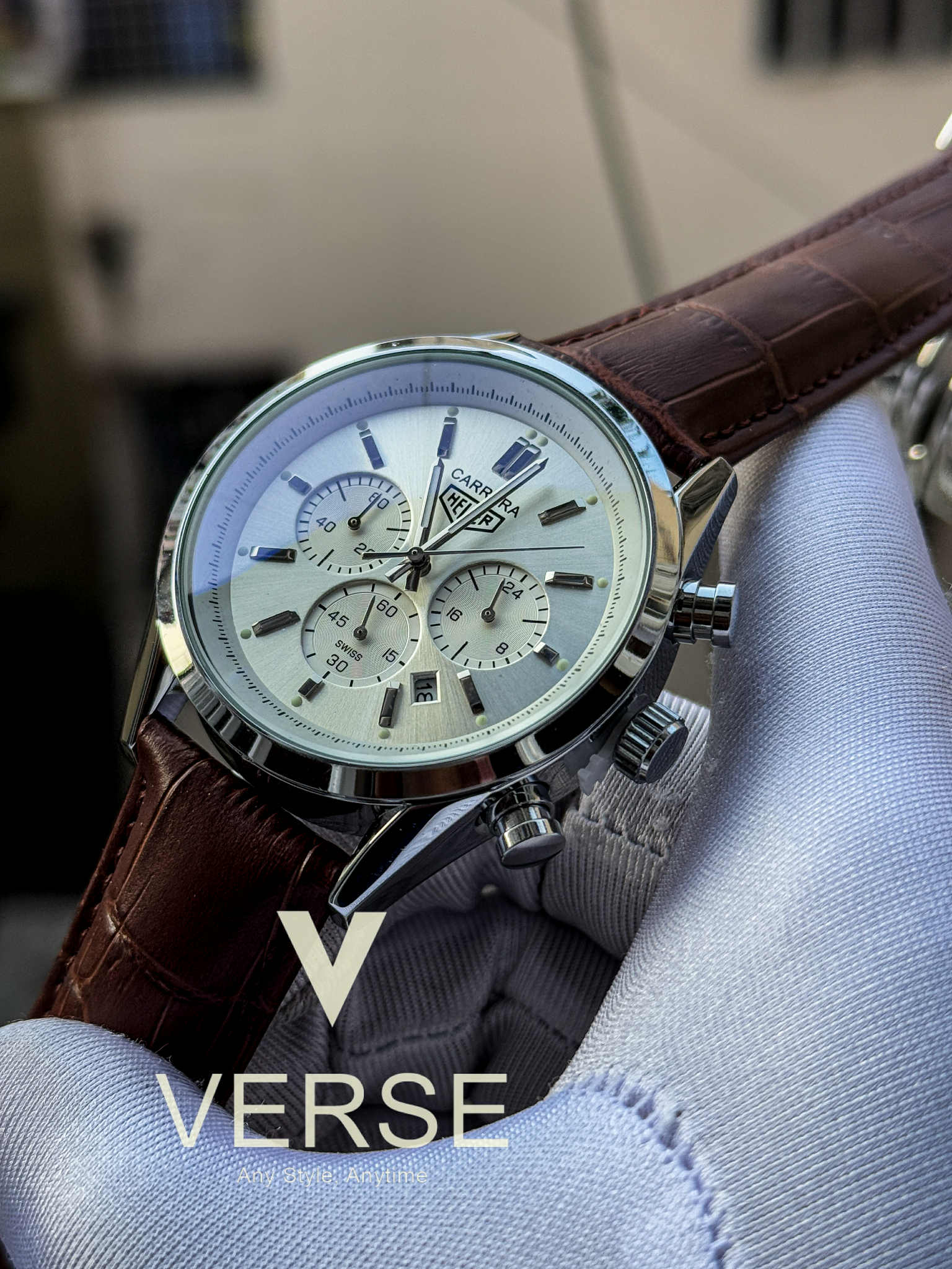 TAG Heuer Carrera Chronograph Brown Belt White Dial AA