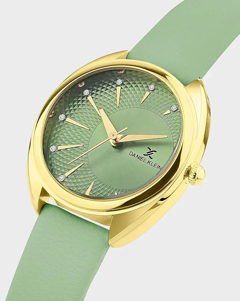 Daniel Klein DK.1.14021-3 Women’s Green Sunray Dial Watch with Gold Case & Green Leather Strap| Daniel Klein DK.1.14021-3