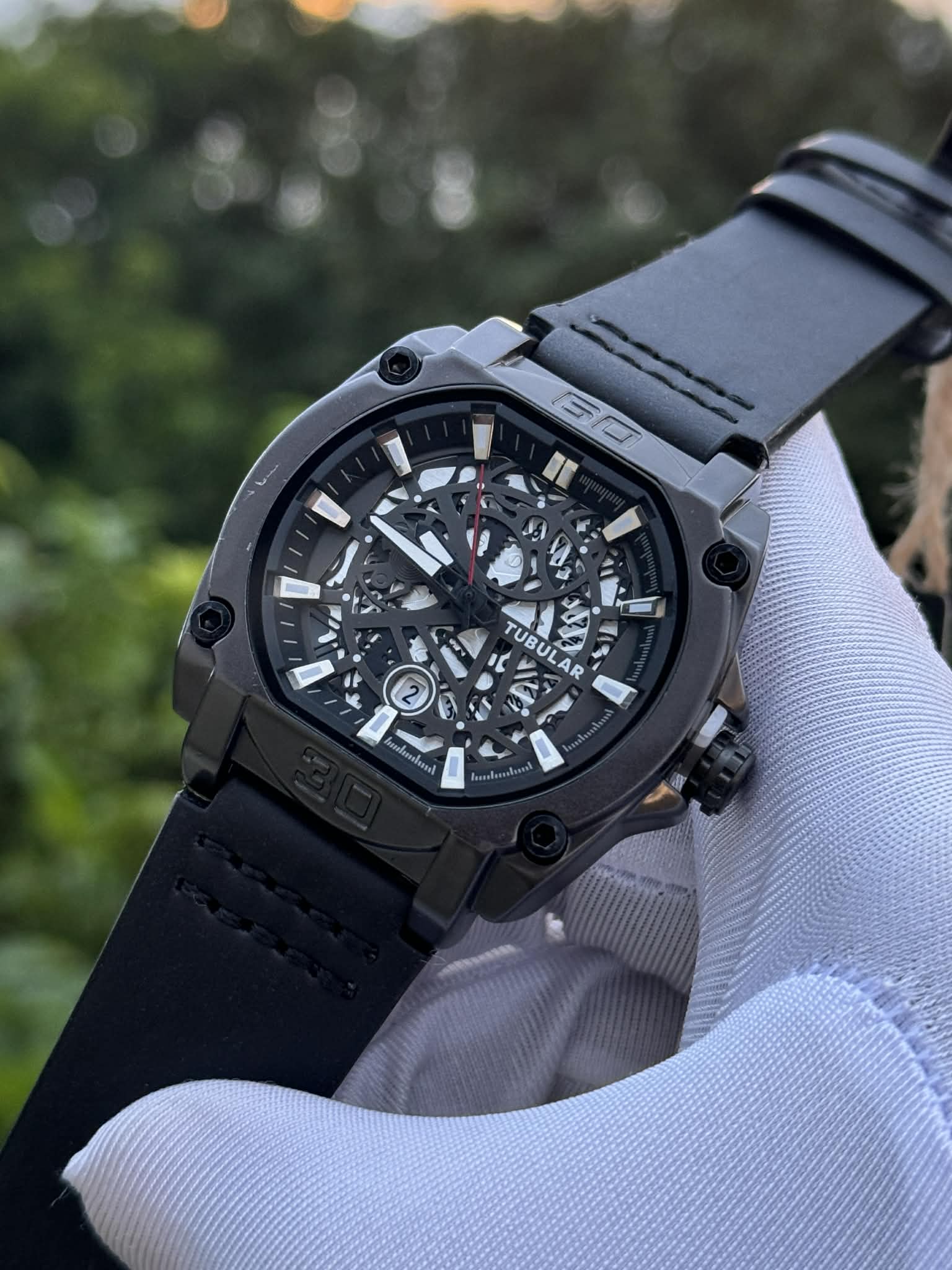 Tubular Square Gunmetal Case Skeleton Dial Silver Digits