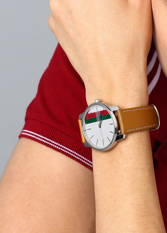 Peter England PE000006A Men’s Analog Watch White & Silver Dial, Tan Leather Strap| Peter England PE000006A