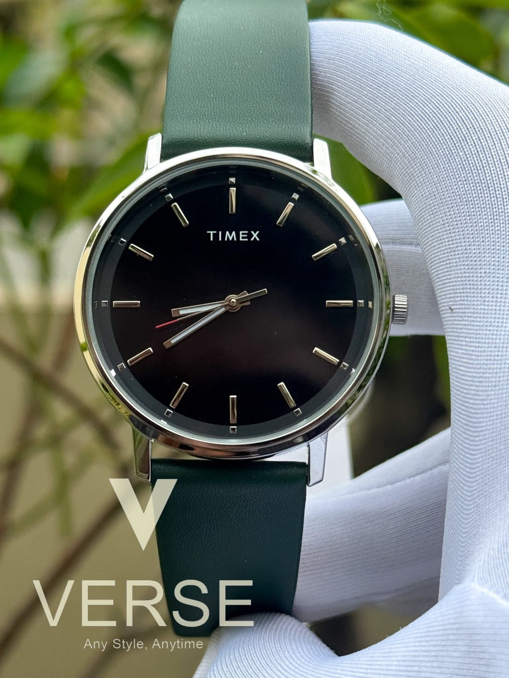 Timex Classics TW0TG8018 Men’s Analog Watch – Black Dial, Green Leather Strap| Timex Classics TW0TG8018