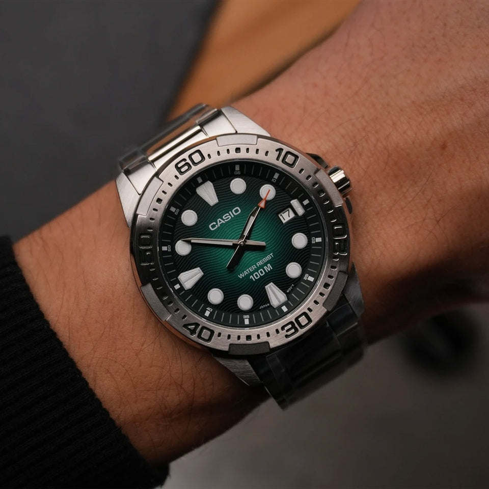 Casio MTD-140D-3AV Marine Sport Green Dial Men's 100M Stainless Steel Watch | Casio MTD-140D-3AV