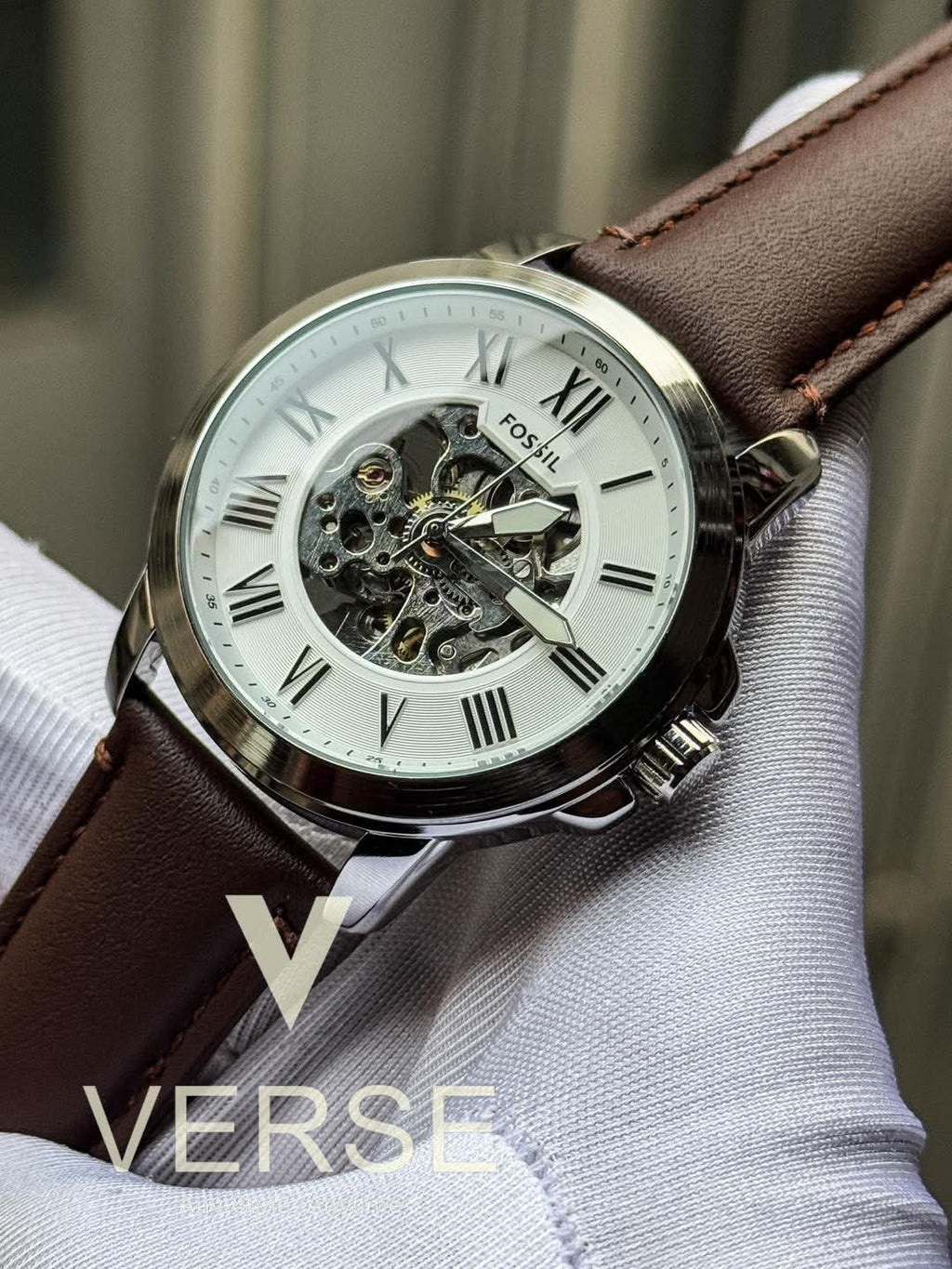 Fossil Automatic Brown Belt White Dial AA