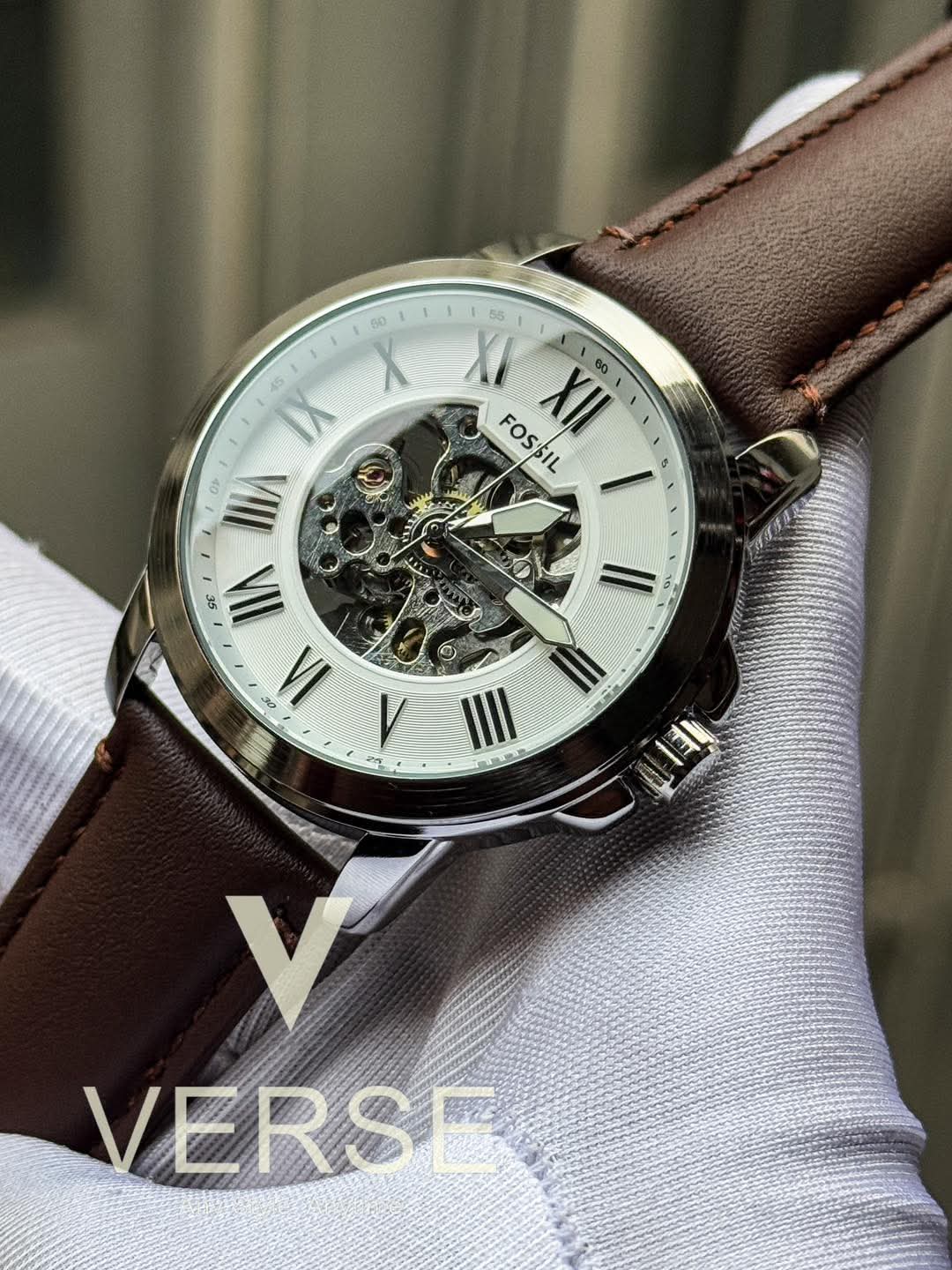 Fossil Automatic Brown Belt White Dial AA