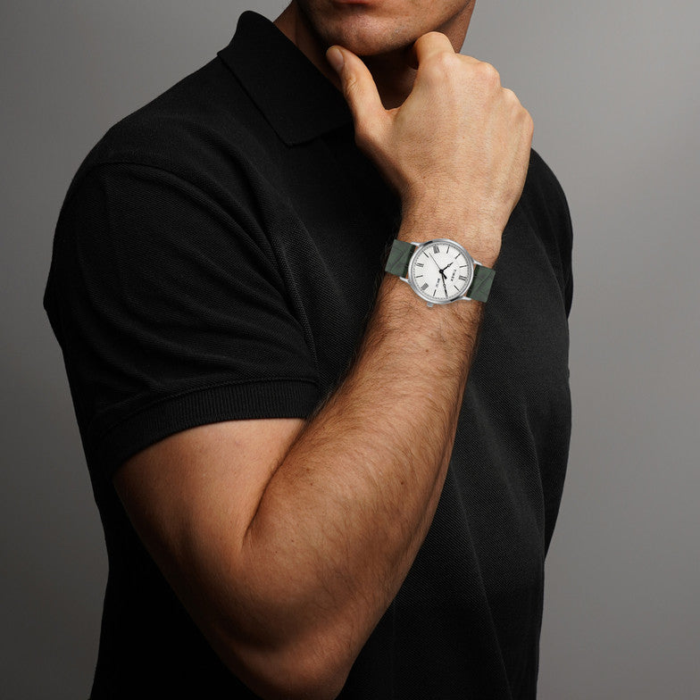 Timex TWTG10510 Men’s Analog Watch – White Dial, Dark Green Leather Strap| Timex TWTG10510