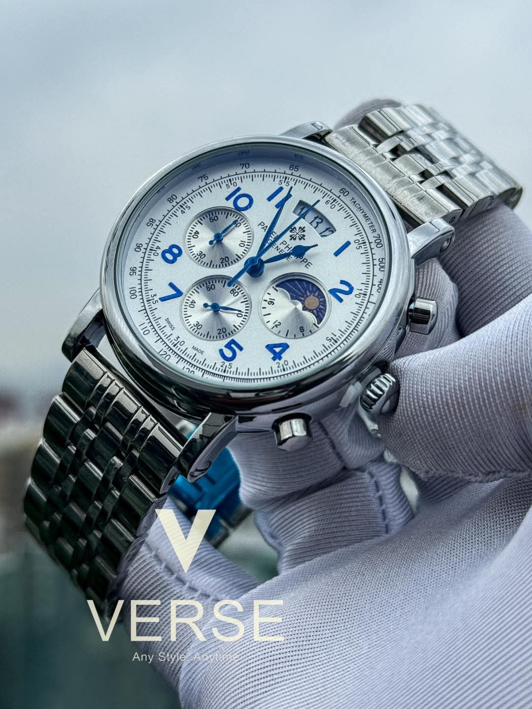 Patek Philippe Blue Digits Silver Chain AA
