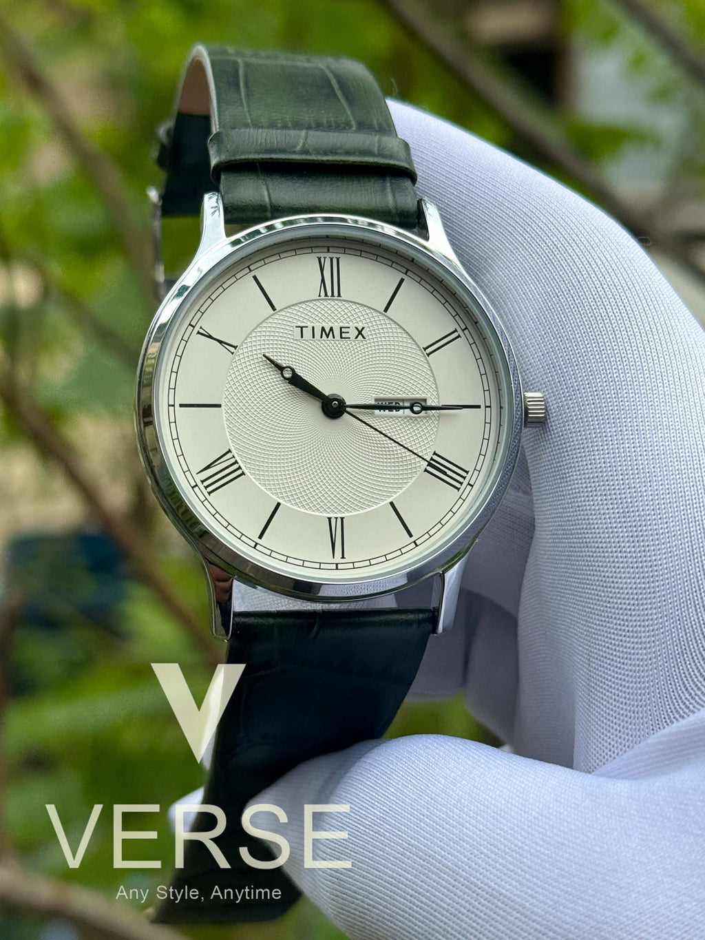 Timex TWTG10510 Men’s Analog Watch – White Dial, Dark Green Leather Strap| Timex TWTG10510