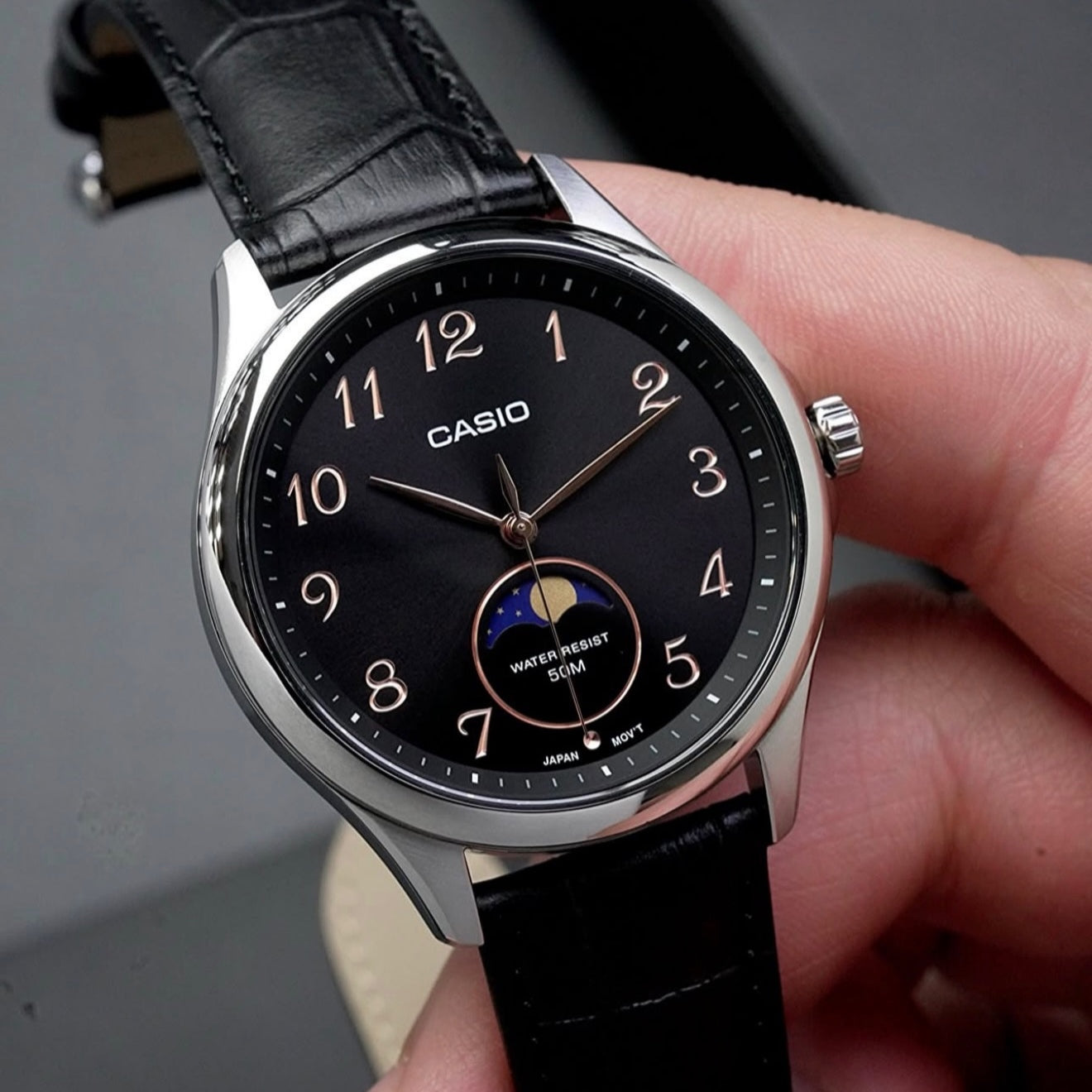 Casio MTP-M110L-1AV Moon Phase Black Dial Men's Leather Watch | Casio MTP-M110L-1AV