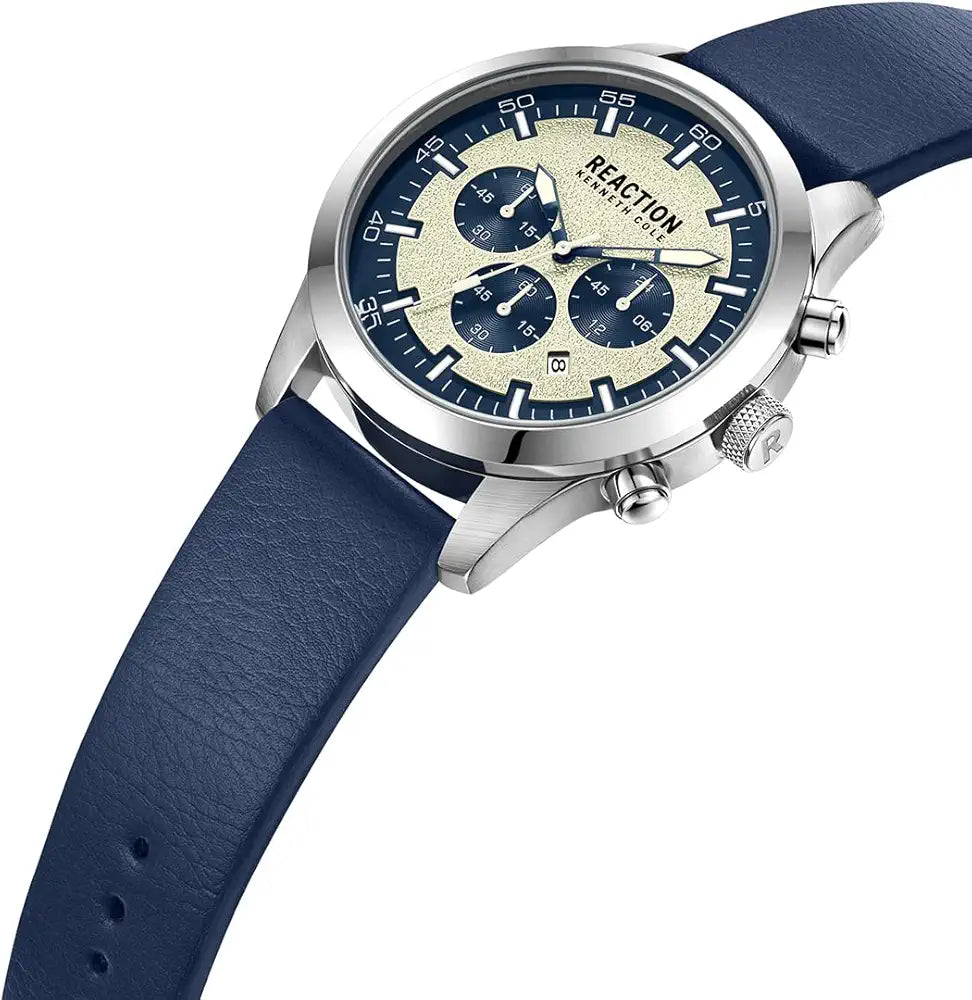 Kenneth Cole Reaction KRWGC9005401 Men’s Chronograph Watch – White Dial, Blue Synthetic Leather Strap| Kenneth Cole Reaction KRWGC9005401