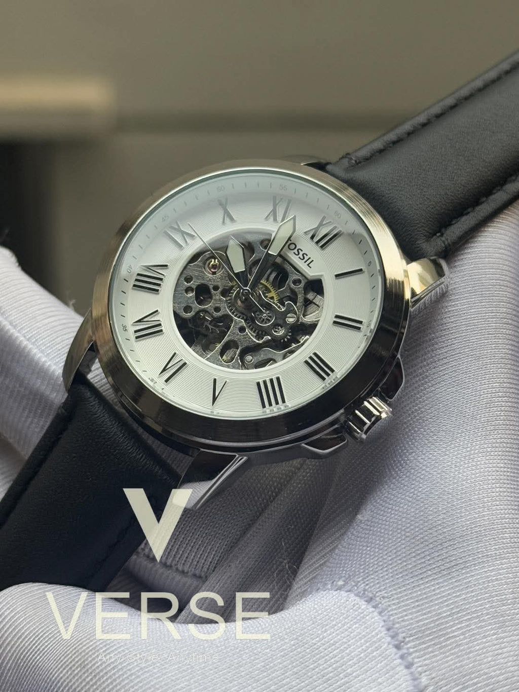 Fossil Automatic Black Belt White Dial AA