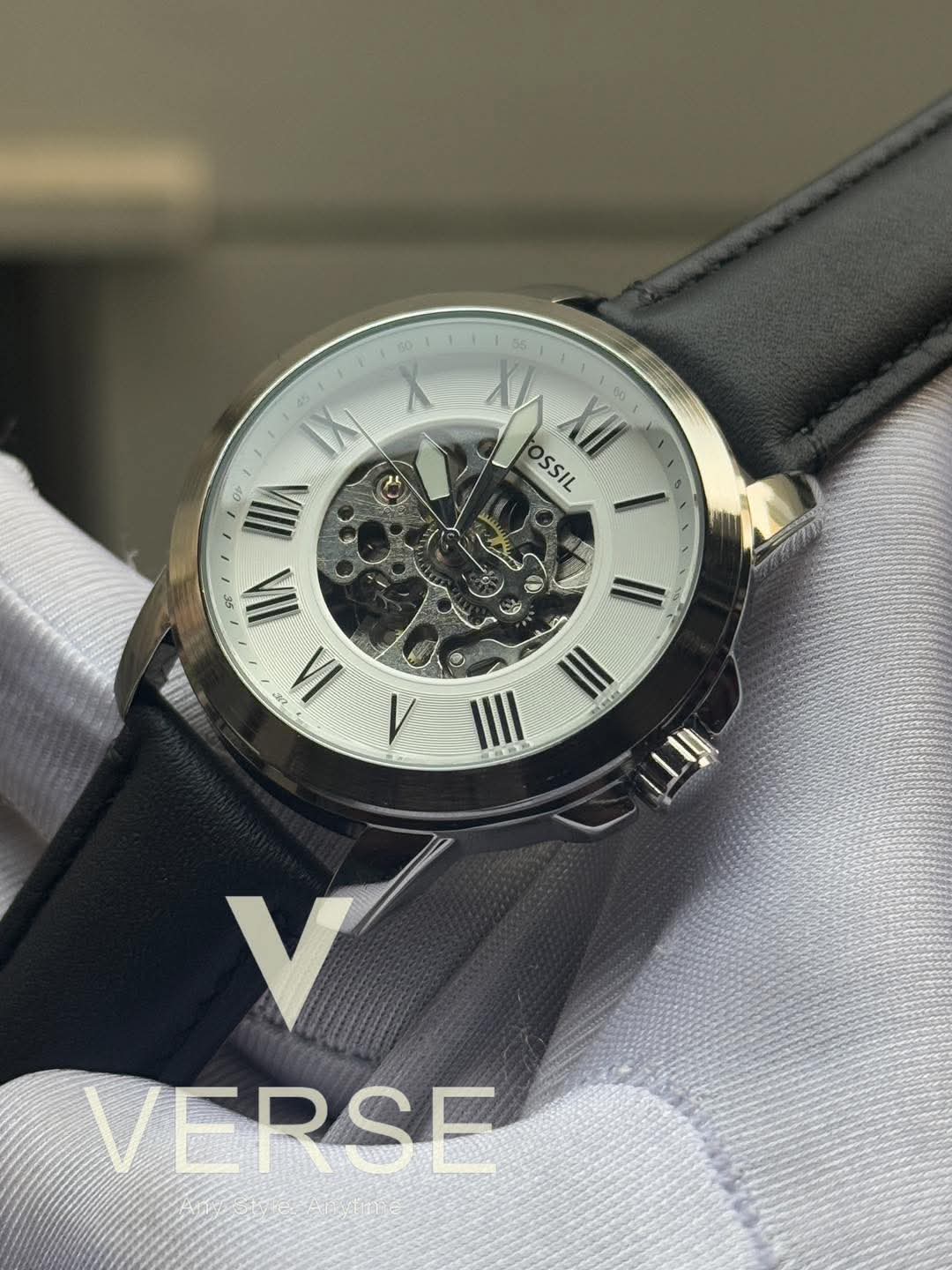 Fossil Automatic Black Belt White Dial AA