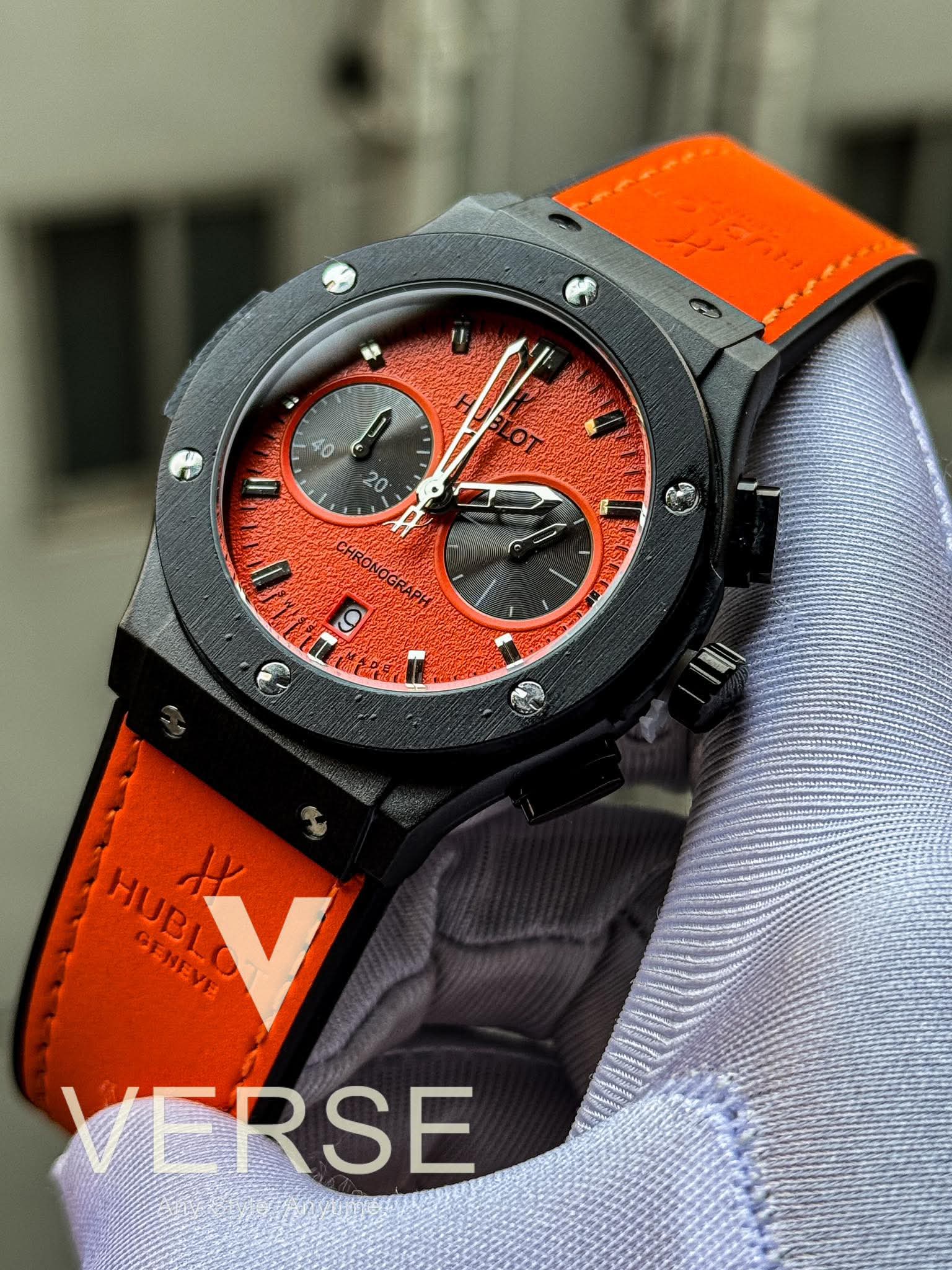 Hublot Classic Fusion Chronograph Orange Belt Black Case AA