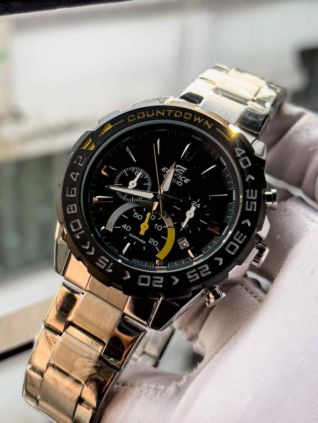 Casio Edifice 566DB Silver Chain Black-Yellow Bezel-Dial AA