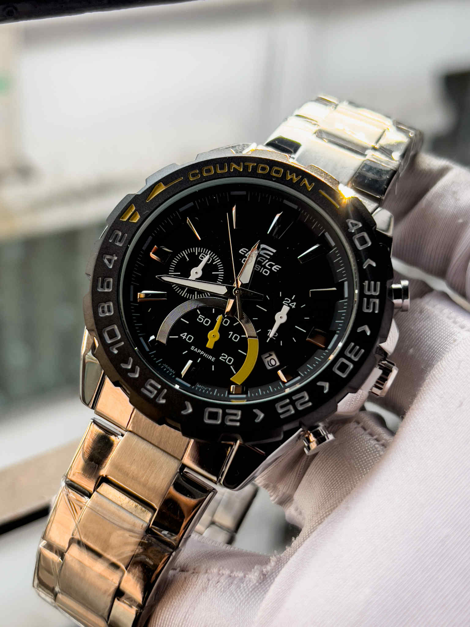 Casio Edifice 566DB Silver Chain Black-Yellow Bezel-Dial AA