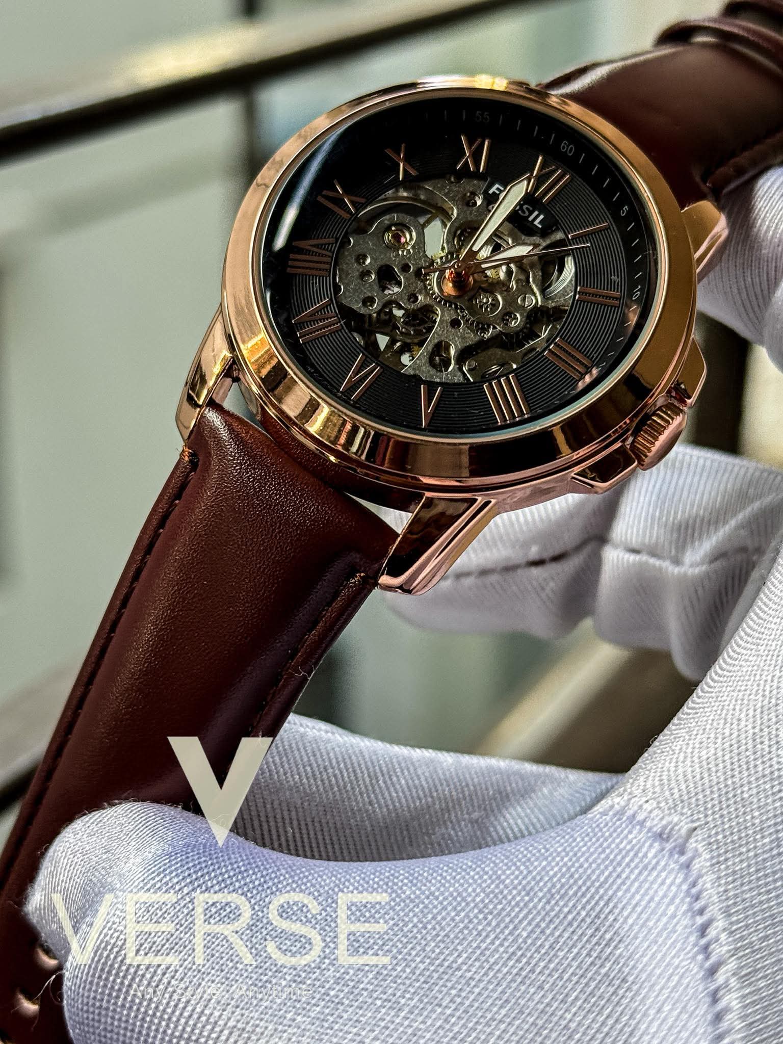 Fossil Automatic Maroon Belt Rose Gold AA