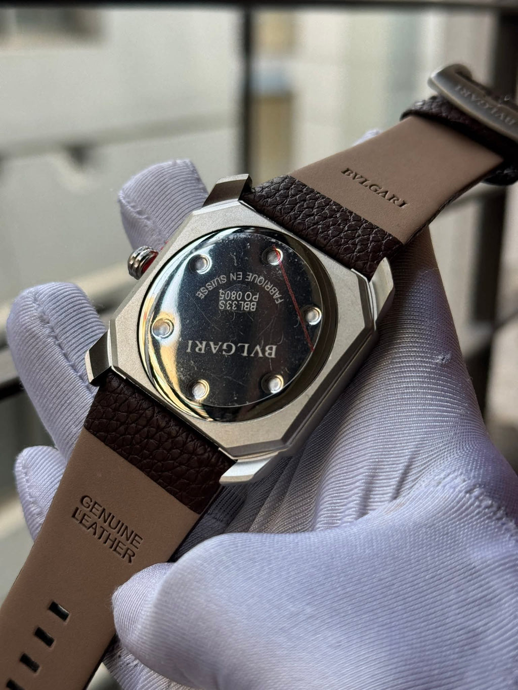 BVLGARI Octo Finissimo Brown Belt White Arabic Dial Glossy Silver Case AA