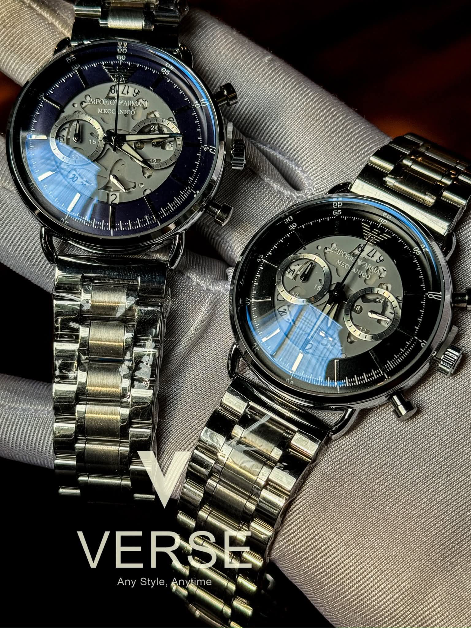 Armani Oval Meccanico Silver Chain Blue Dial AA
