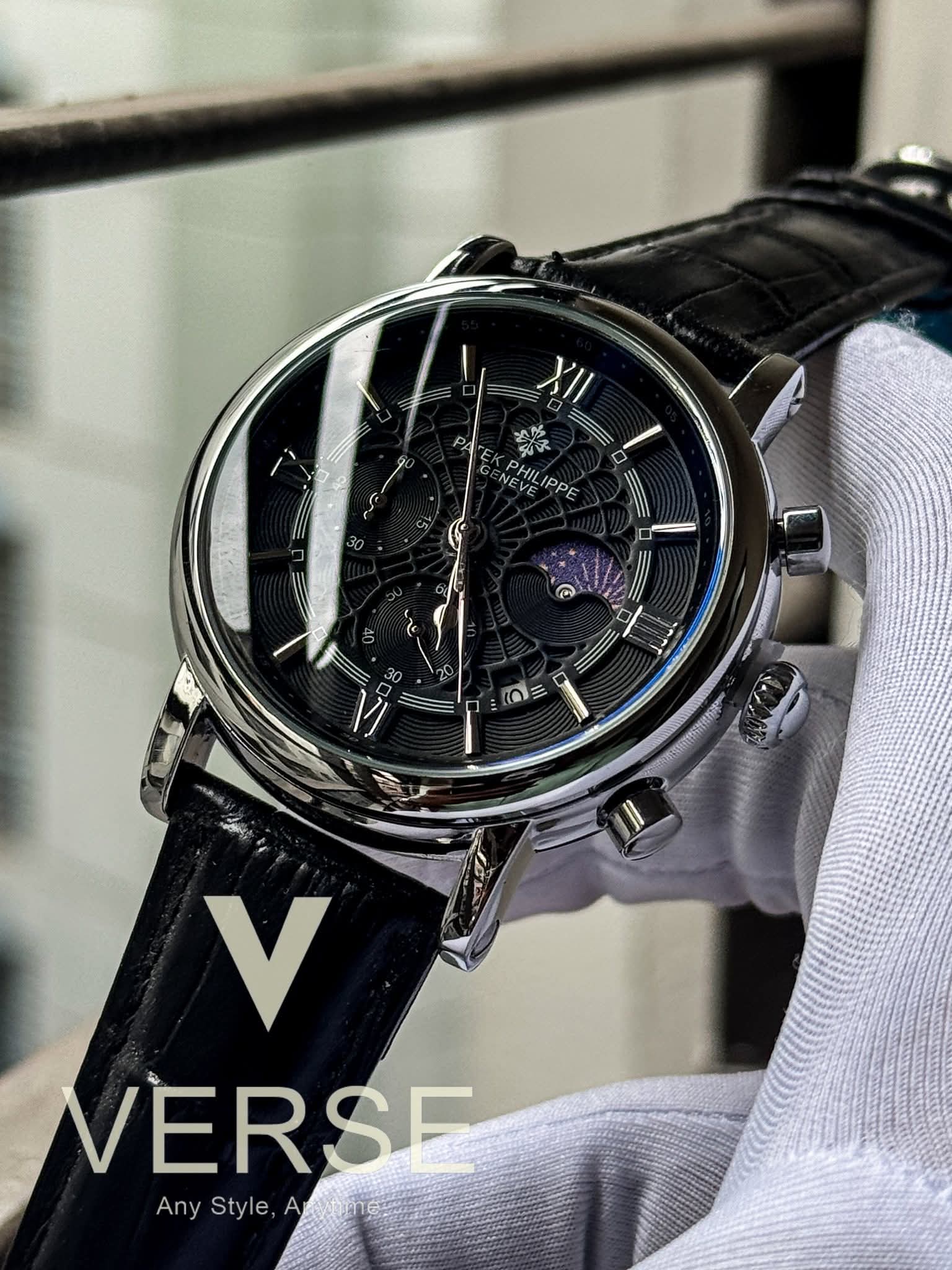 Patek Philippe Moonphase Black Spider Dial Black Belt AA