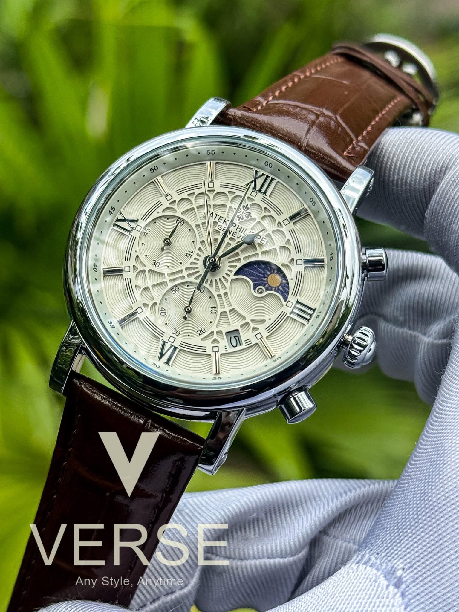 Patek Philippe Chronograph Moonphase Brown Belt Spider White Dial AA