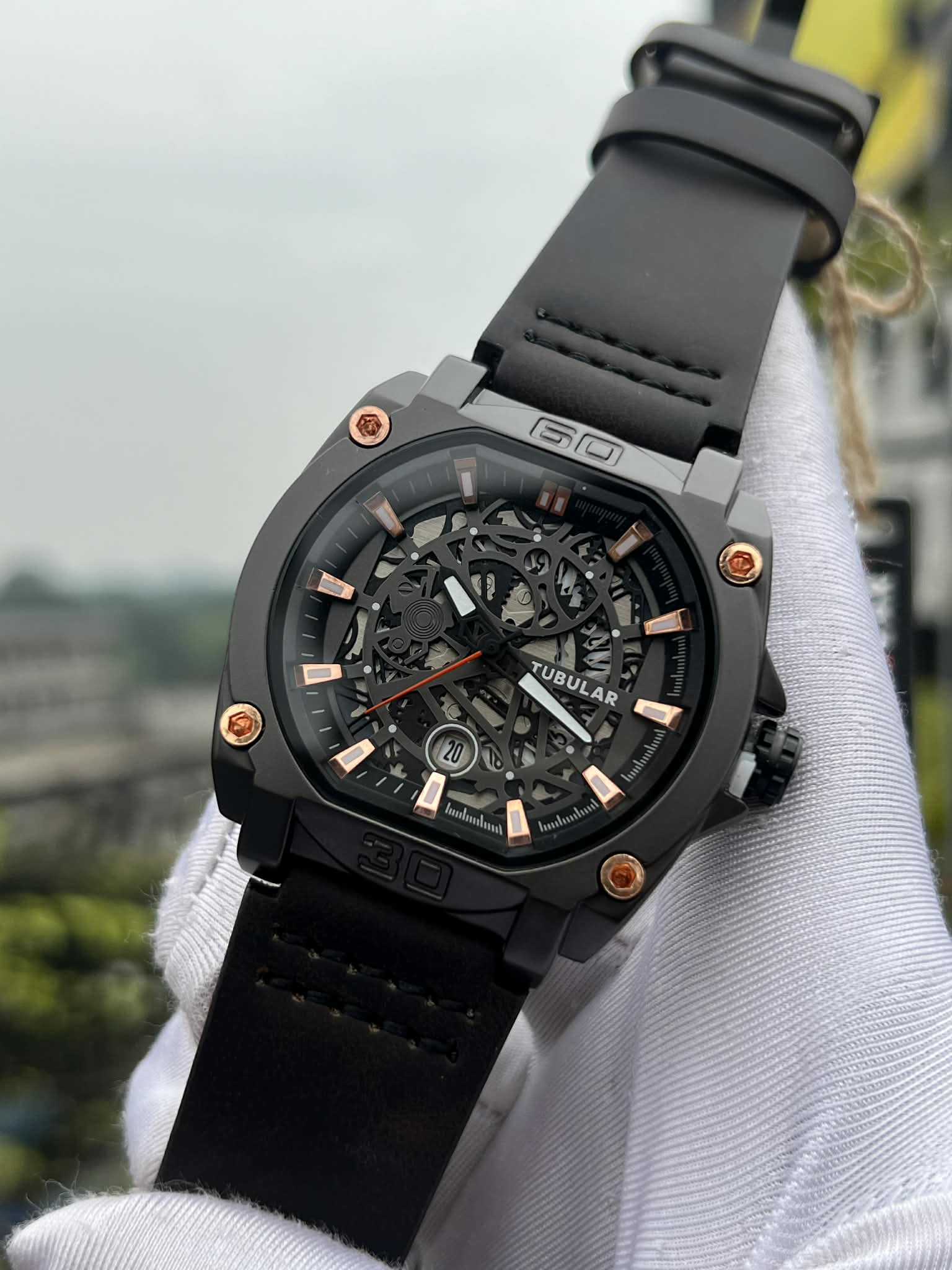 Tubular Square Gunmetal Case Skeleton Dial Rose-Gold Digits