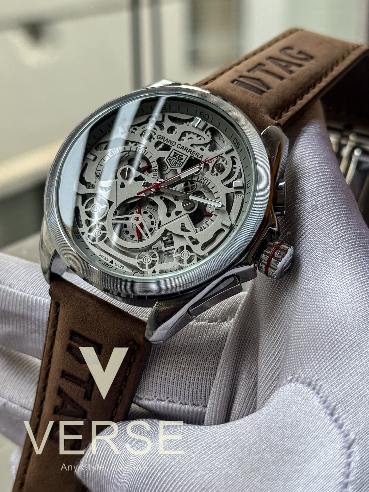 TAG Heuer Grand Carrera RS Chronograph Light/Camel Brown Belt Grey Dial AA