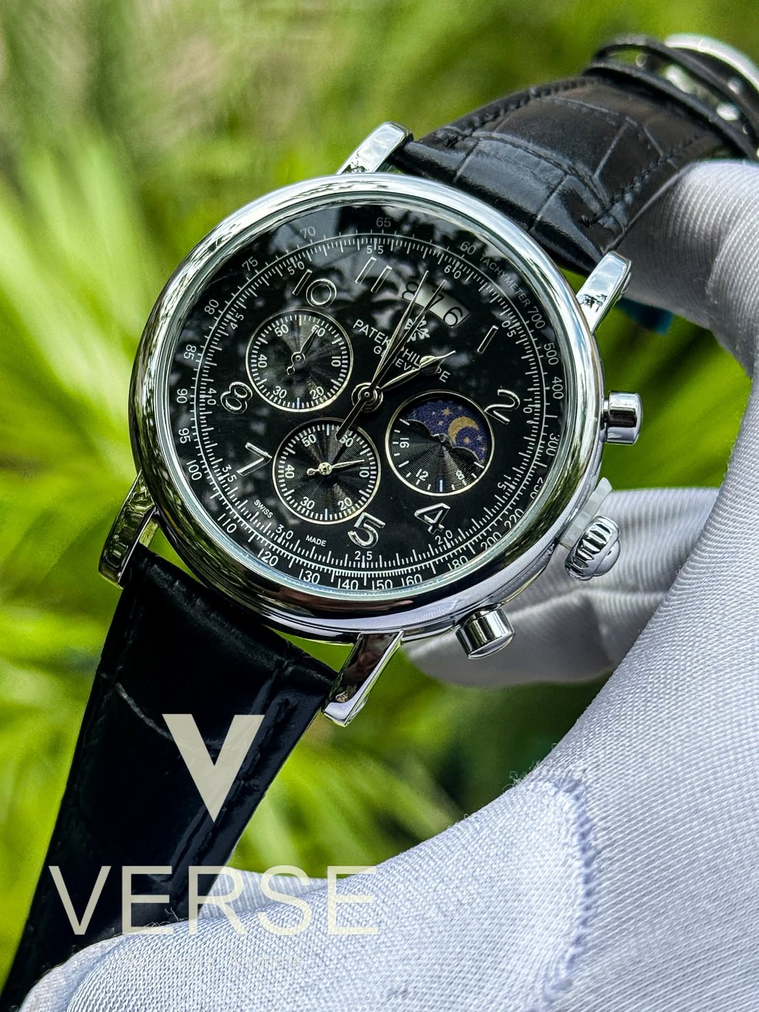 Patek Philippe Chronograph Moonphase Black Belt Silver Case Simple Black Dial AA