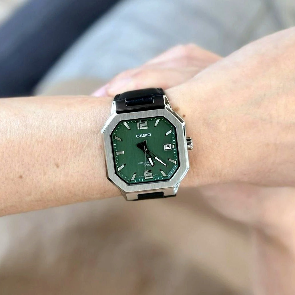 Casio MTP-B195L-3AV Octagonal Sport Green Dial Men's Leather Watch | Casio MTP-B195L-3AV