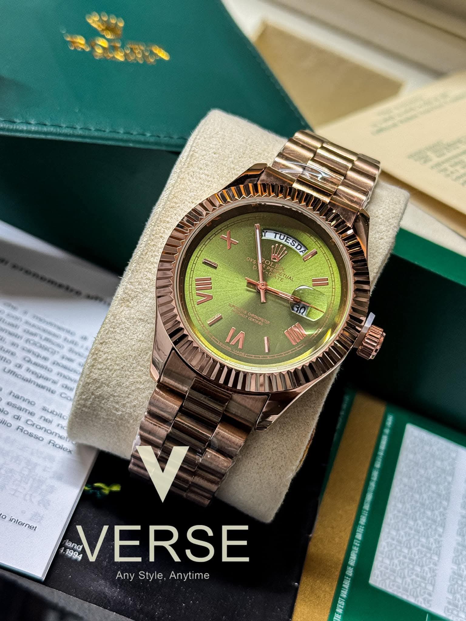 Rolex Day-Date Rose Gold Chain Olive Green Dial AA