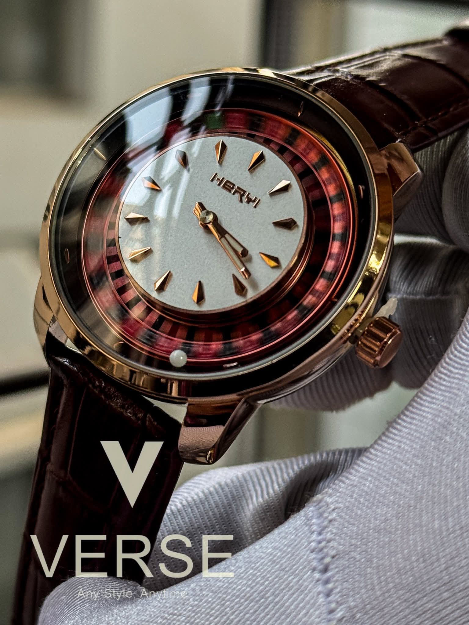 Heryi Casino Royal Roulette Brown Belt Rose-Gold Case White Dial