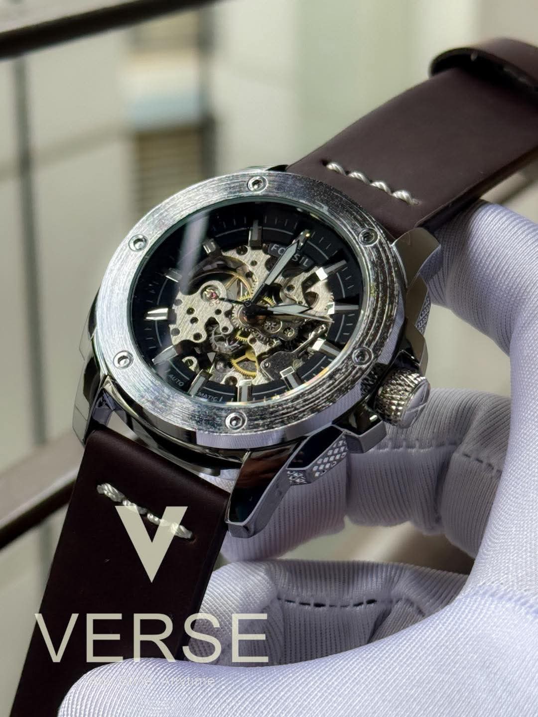 Fossil Automatic Brown Belt Big Black Dial AA