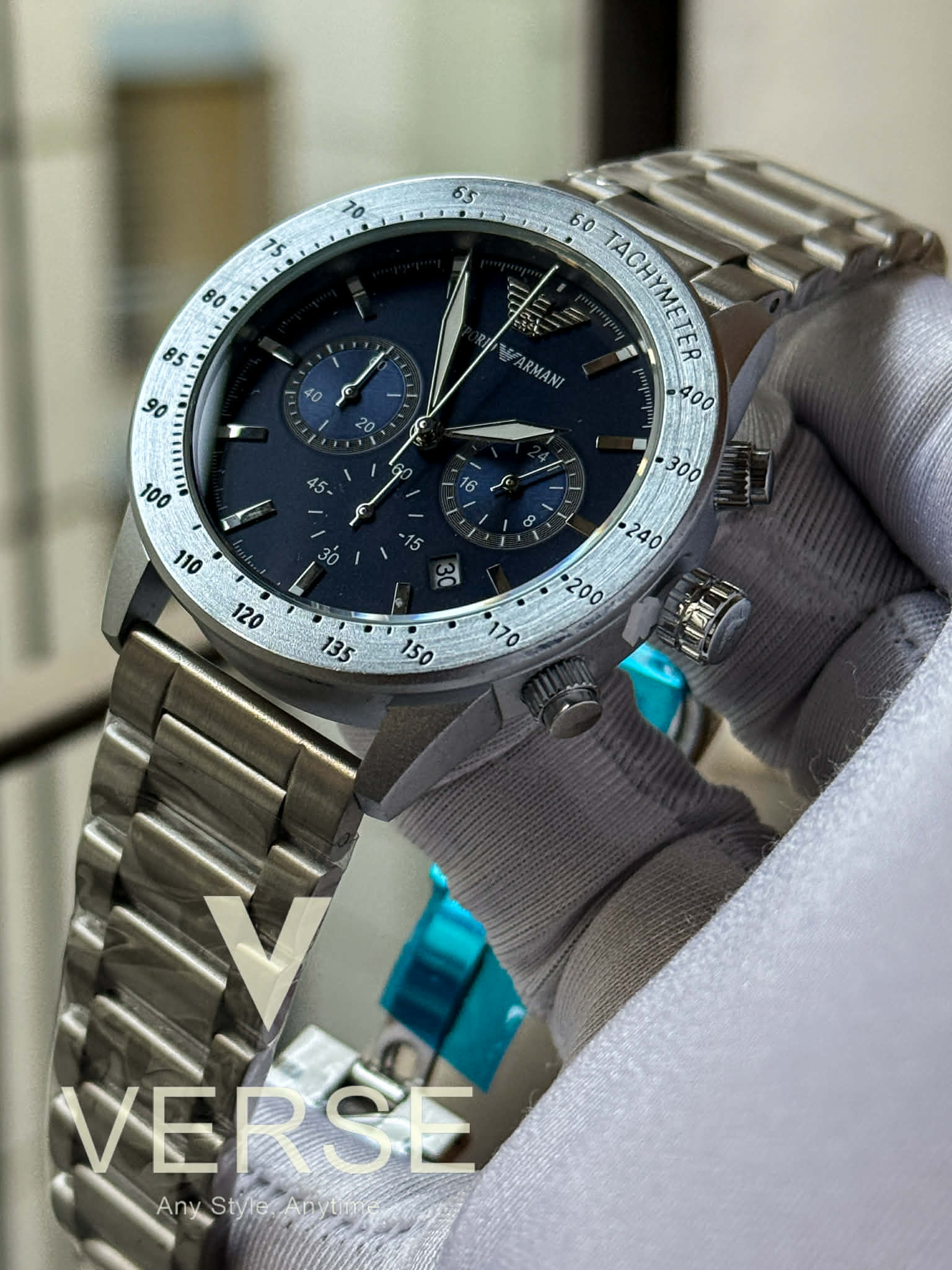 Armani Mario Chronograph Silver Chain Blue Dial AA