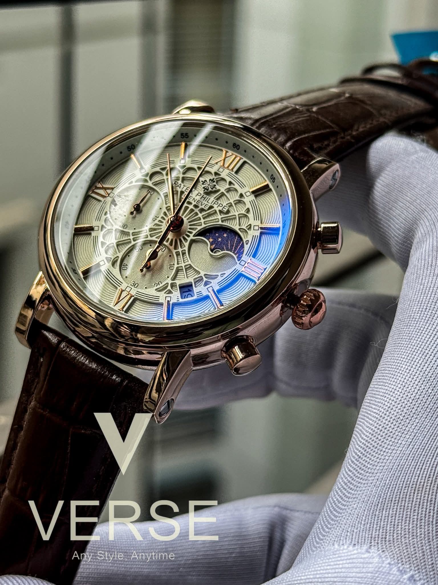 Patek Philippe Moonphase White Spider Dial Brown Belt Rose Gold Case AA