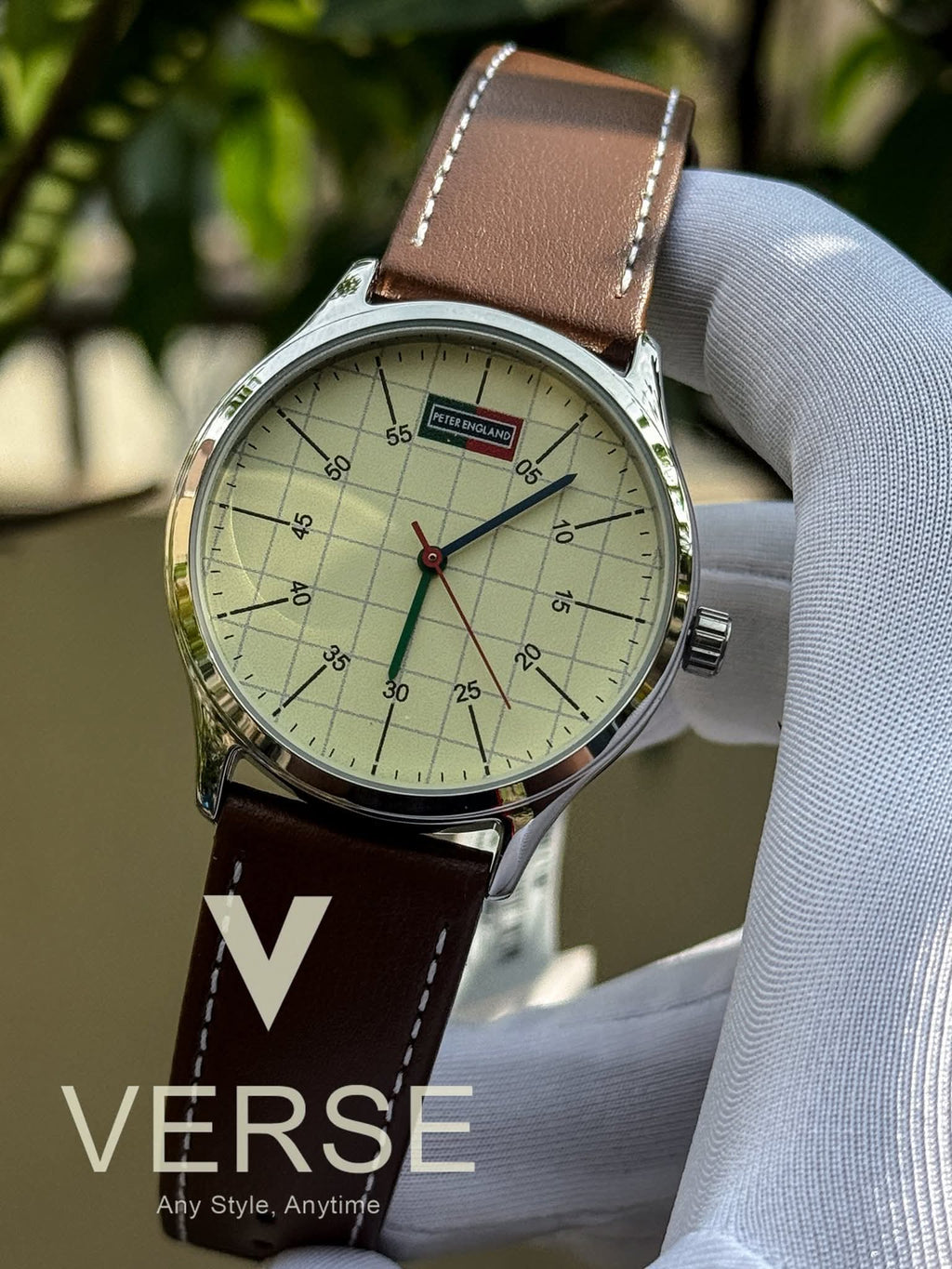Peter England PE000011B Men’s Analog Watch – White/Beige Chequered Dial, Brown Leather Strap| Peter England PE000011B