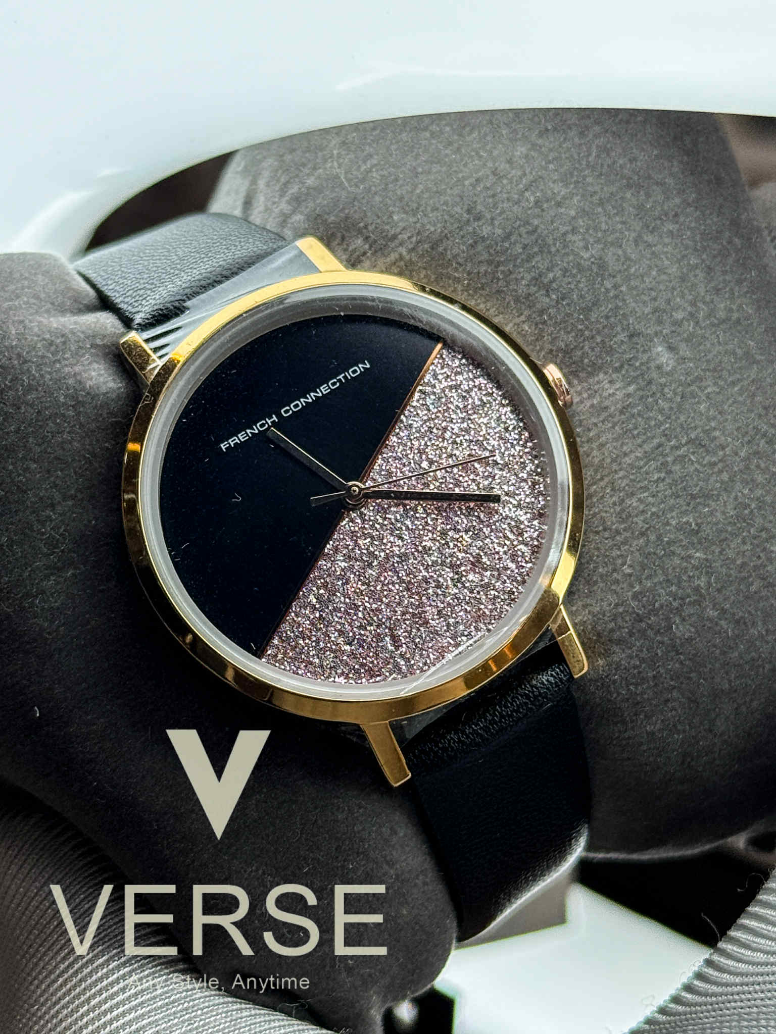 French Connection FCN0008A-R Women’s Black Glitter Dial Watch with Black Leather Strap| French Connection FCN0008A-R