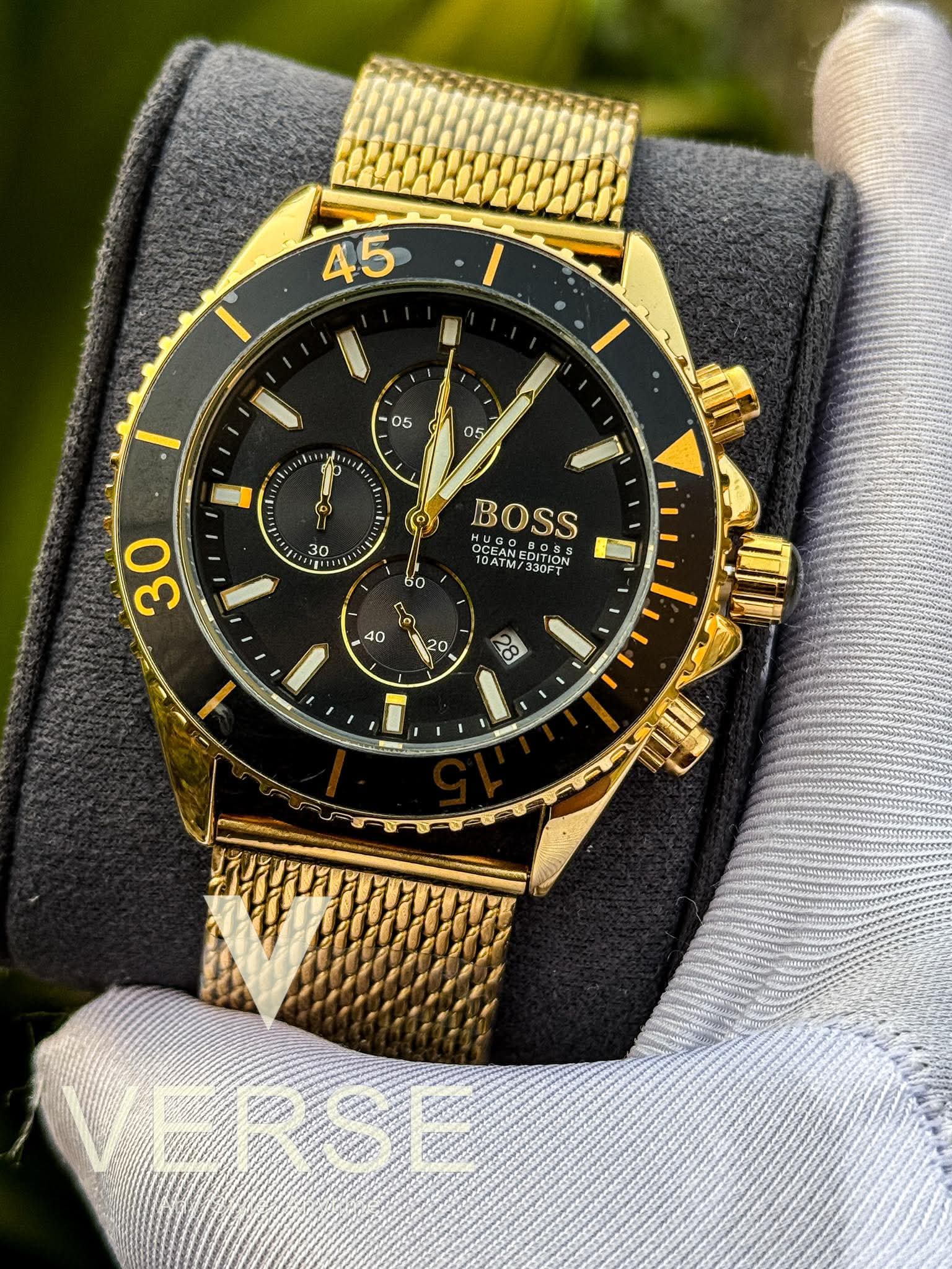 Hugo Boss Ocean Edition Chronograph Golden Mesh Chain Black Dial AA