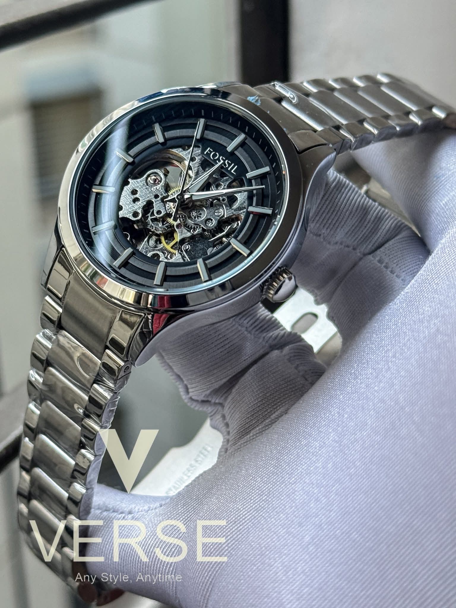 Fossil Automatic Silver Chain Black Skeleton Dial AA