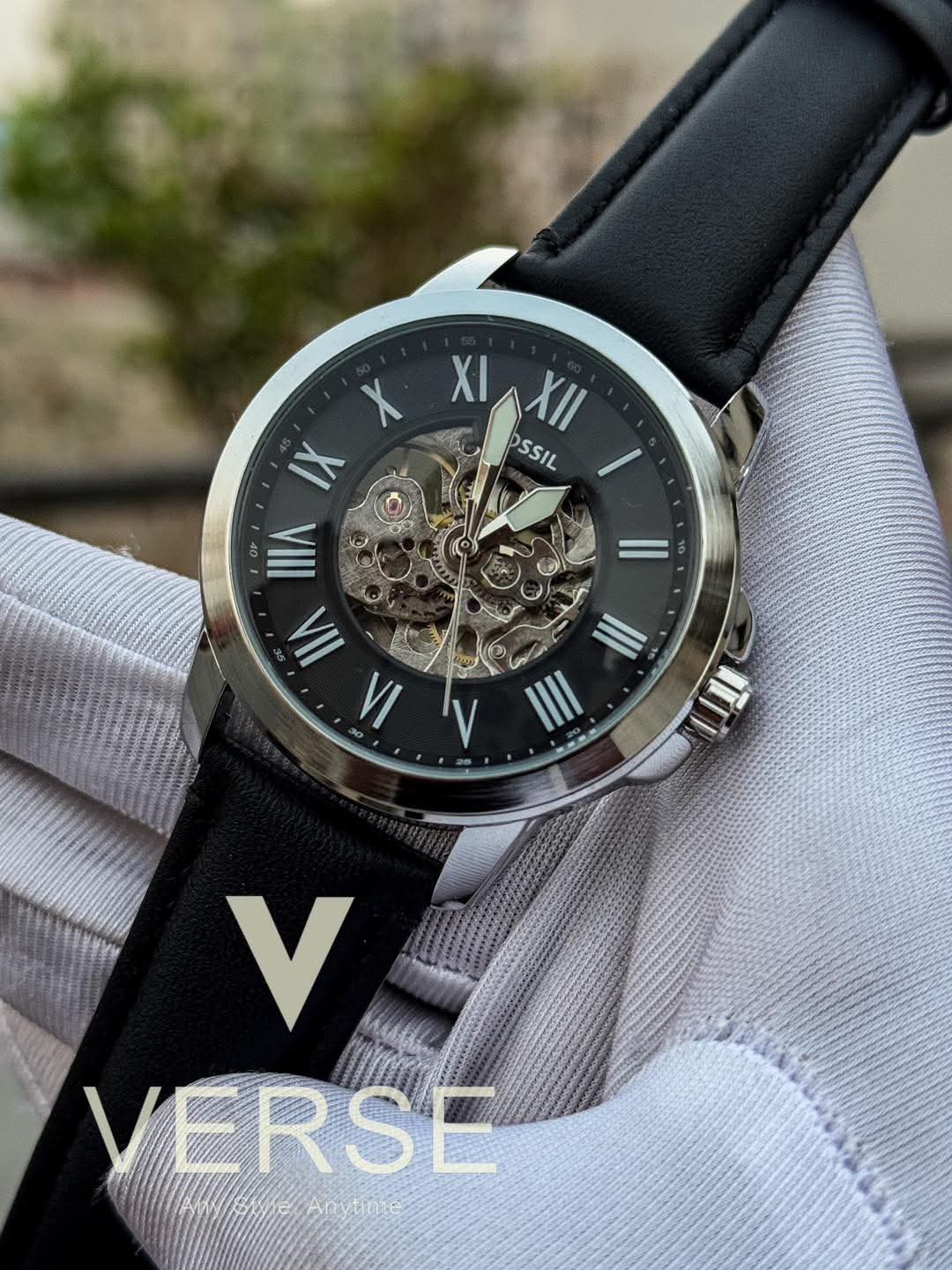 Fossil Automatic Black Belt Silver Case Black Dial AA