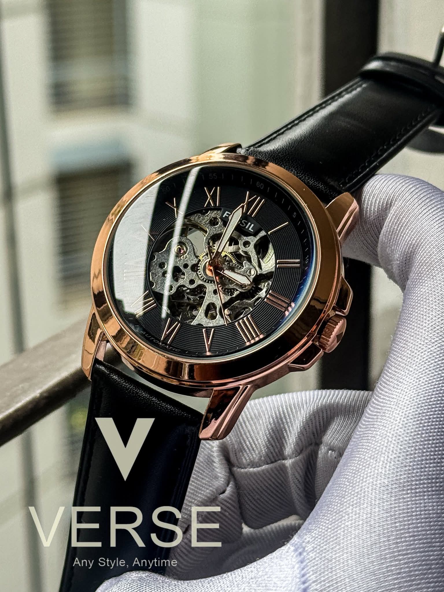 Fossil Automatic Black Belt Rose Gold AA