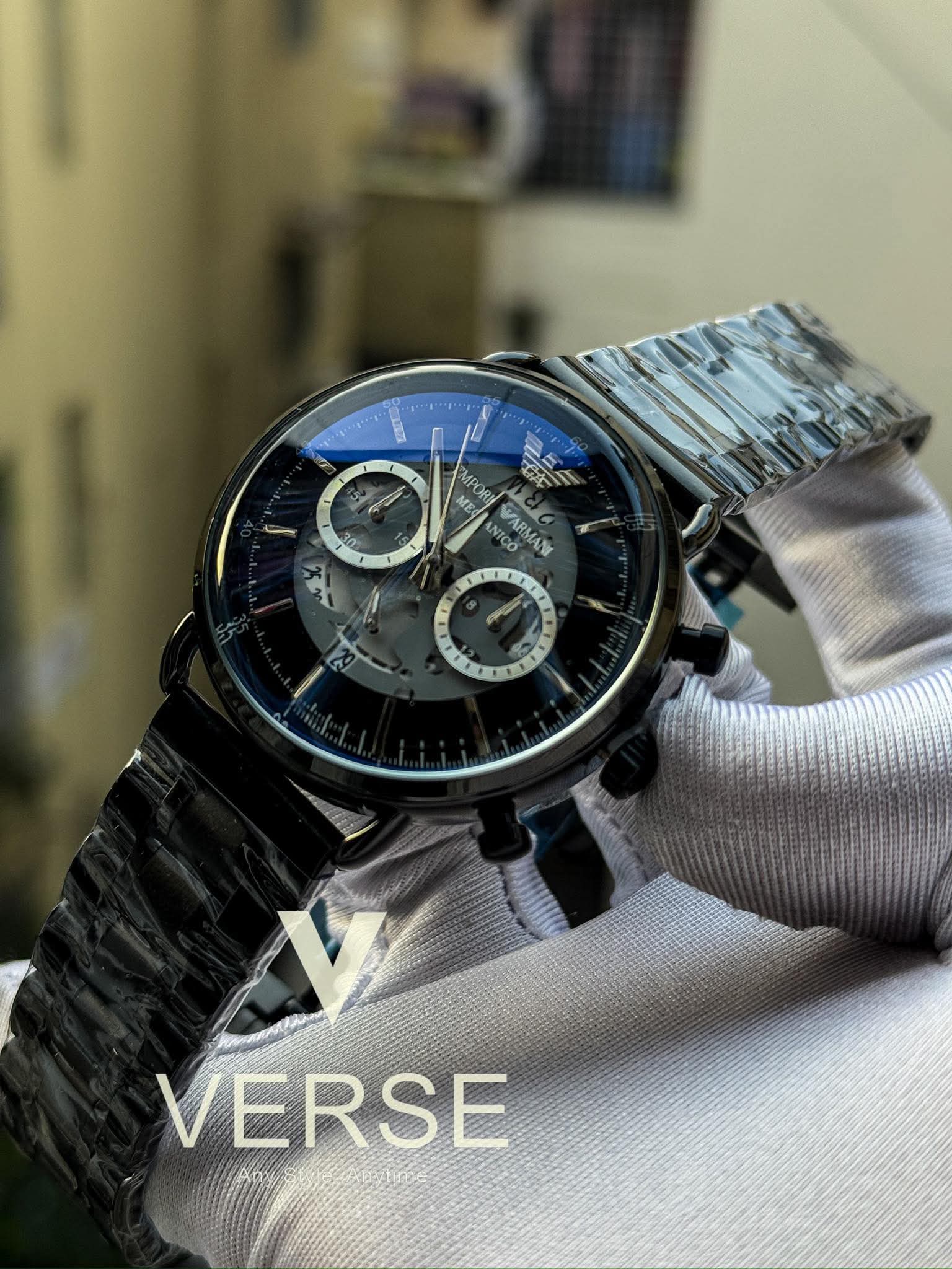 Armani Oval Meccanico Black Chain Blue Dial AA