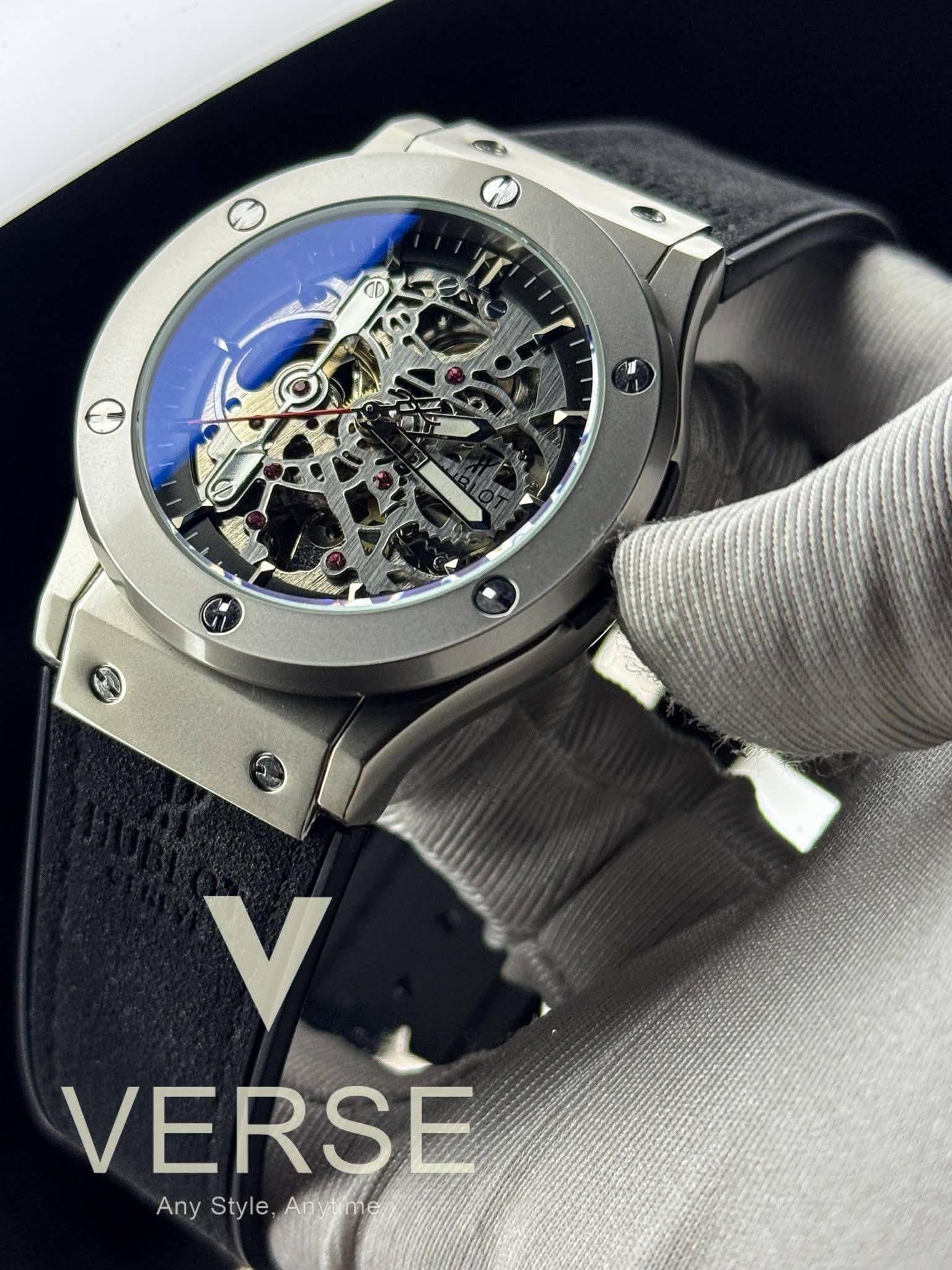 Hublot Automatic Black Belt Silver Case Openworked Black Dial AA