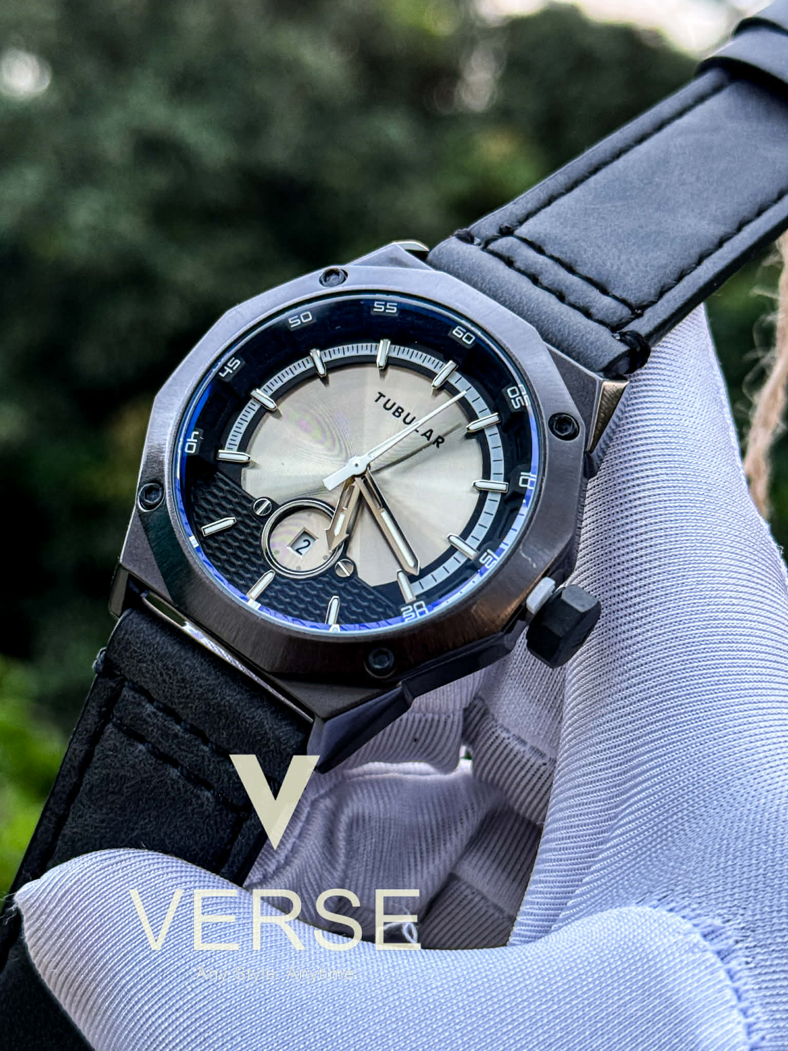 Tubular Black Belt Gunmetal Case Guilloché Dial