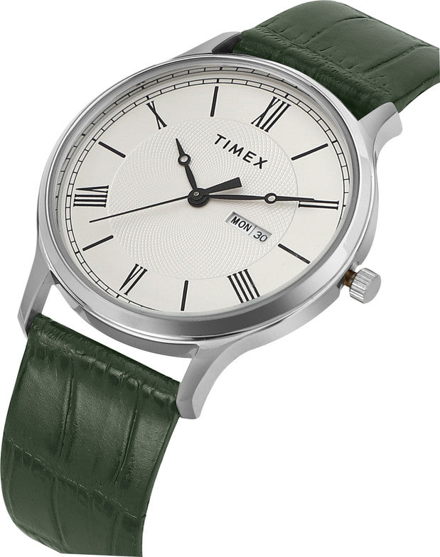 Timex TWTG10510 Men’s Analog Watch – White Dial, Dark Green Leather Strap| Timex TWTG10510