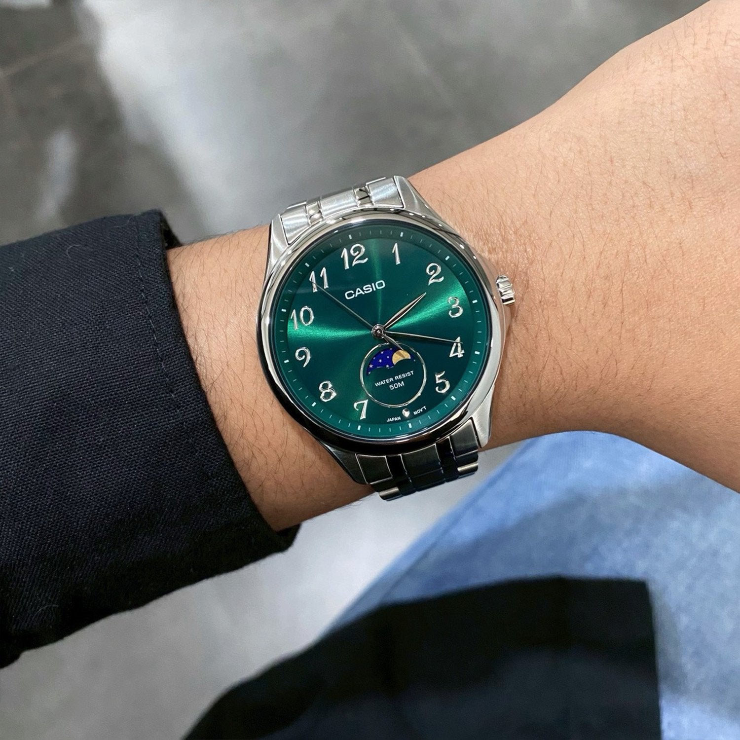 Casio MTP-M110D-3AV Moon Phase Green Dial Men's Stainless Steel Watch | Casio MTP-M110D-3AV